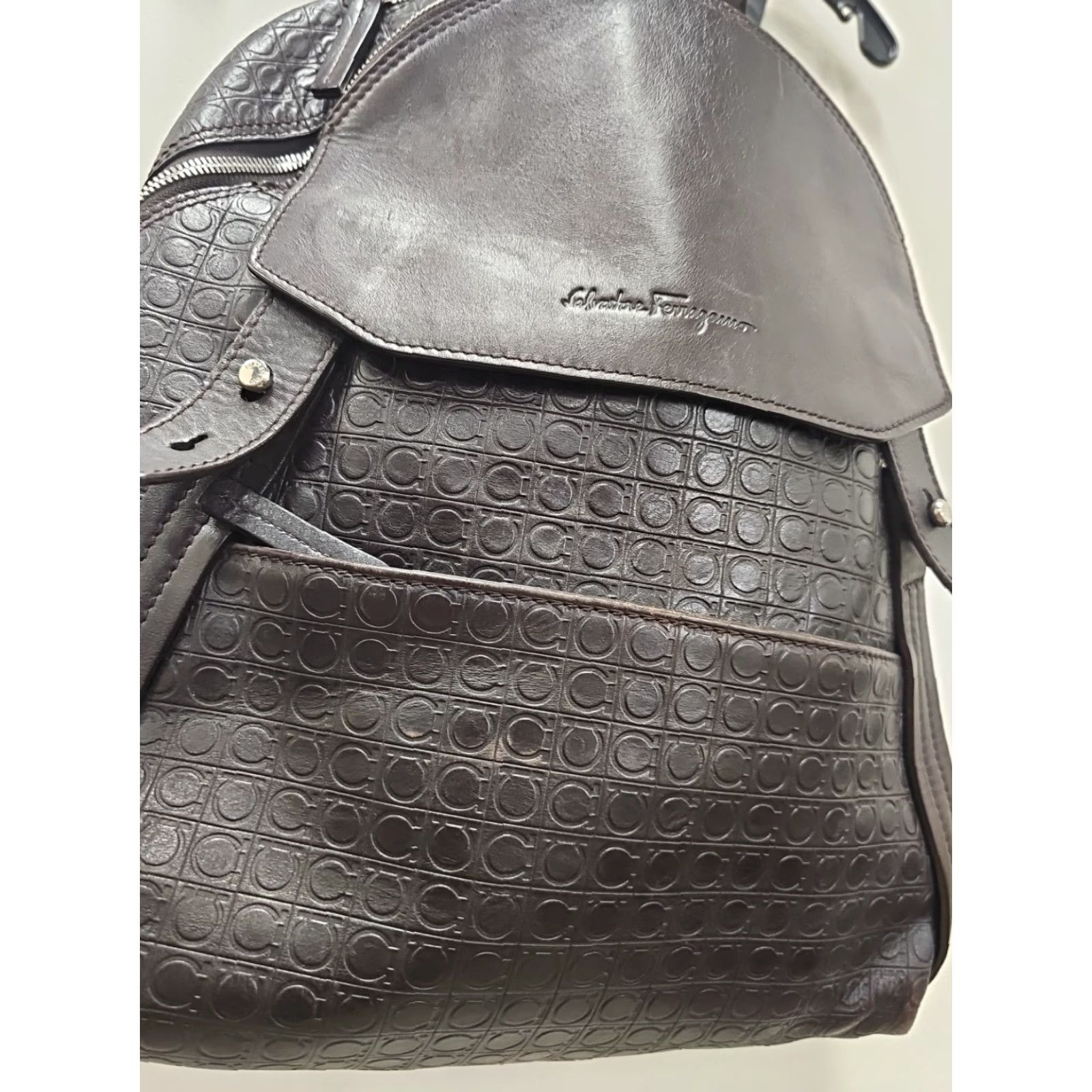 Salvatore Ferragamo Salvatore Ferragamo Backpack Leather Embossed All Over Pattern Black Men Backpack Pockets 2 Distressed Leather Size ONE SIZE - 3 Thumbnail