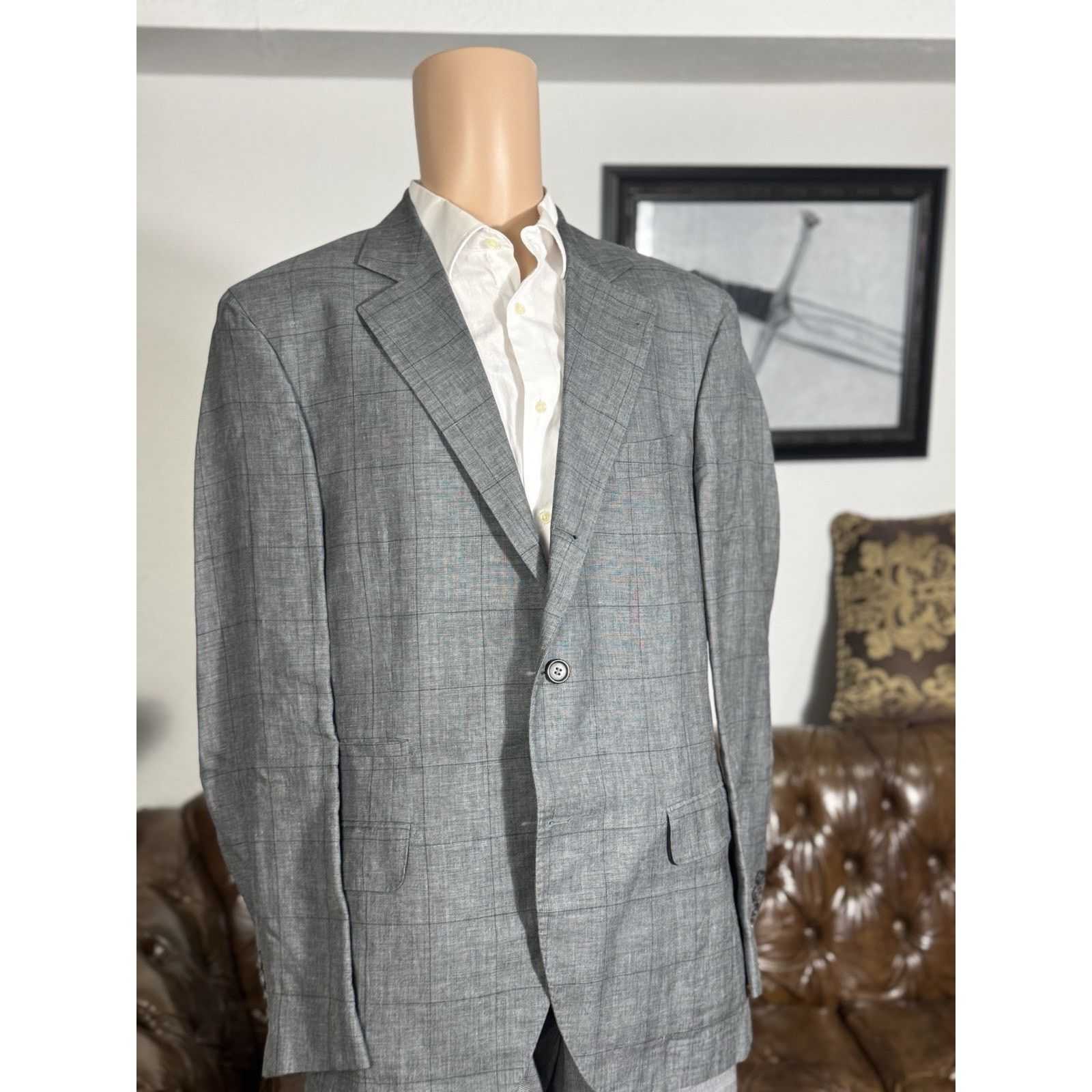 Brunello Cucinelli Linen Wool Silk Gray Plaid Jacket 54/44US