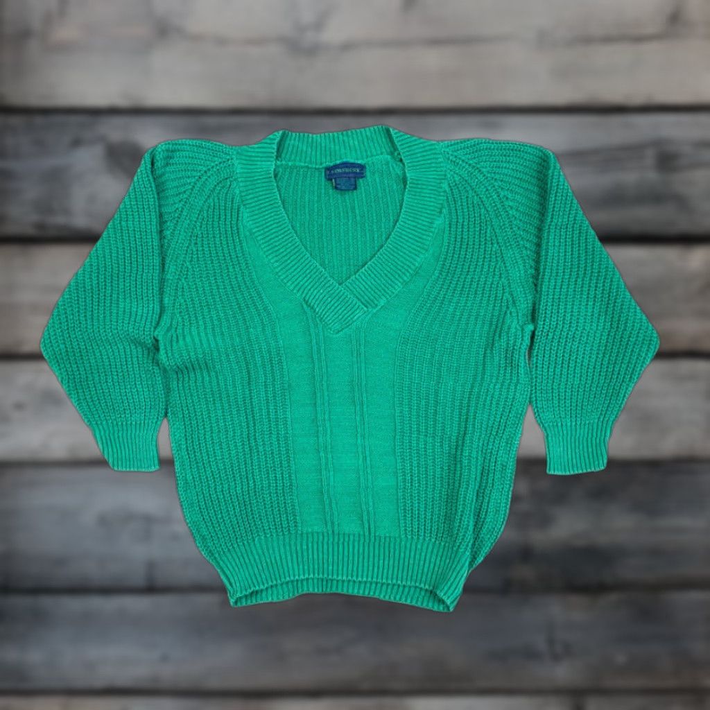 Etro VINTAGE L Simsbury 90s Green Chunky Knit Pullover Sweater Women’s Small Deep V-Neck Regular Fit Casual Size S / US 4 / IT 40 - 1 Thumbnail