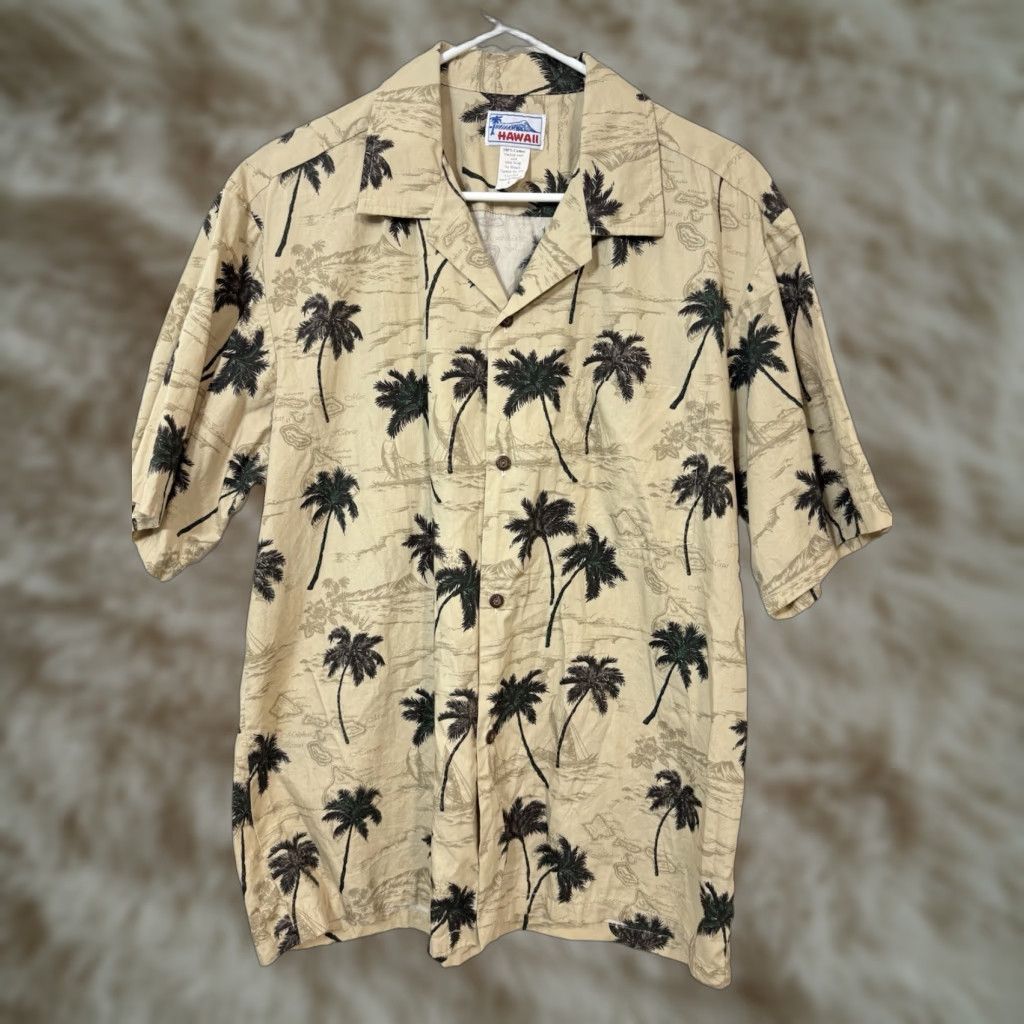 Vintage Hawaii Brand Mens Hawaiian Aloha Shirt Sz L Beige Maps Palm Trees Button Up Size US L / EU 52-54 / 3 - 1 Thumbnail
