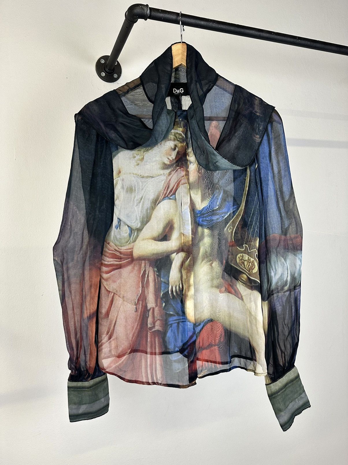 image of Dolce Gabbana 2000S Archive Painting Print Potrait Runway Silk Shirt in Blue, Men's (Size Small)