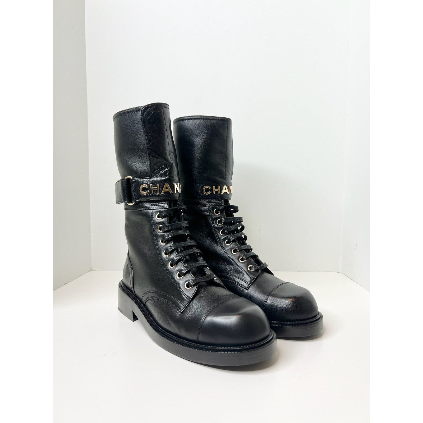 Chanel NWT! Chanel Lace Up Combat Boots, Black, Size 37.5 Size US 7.5 / IT 37.5 - 2 Thumbnail