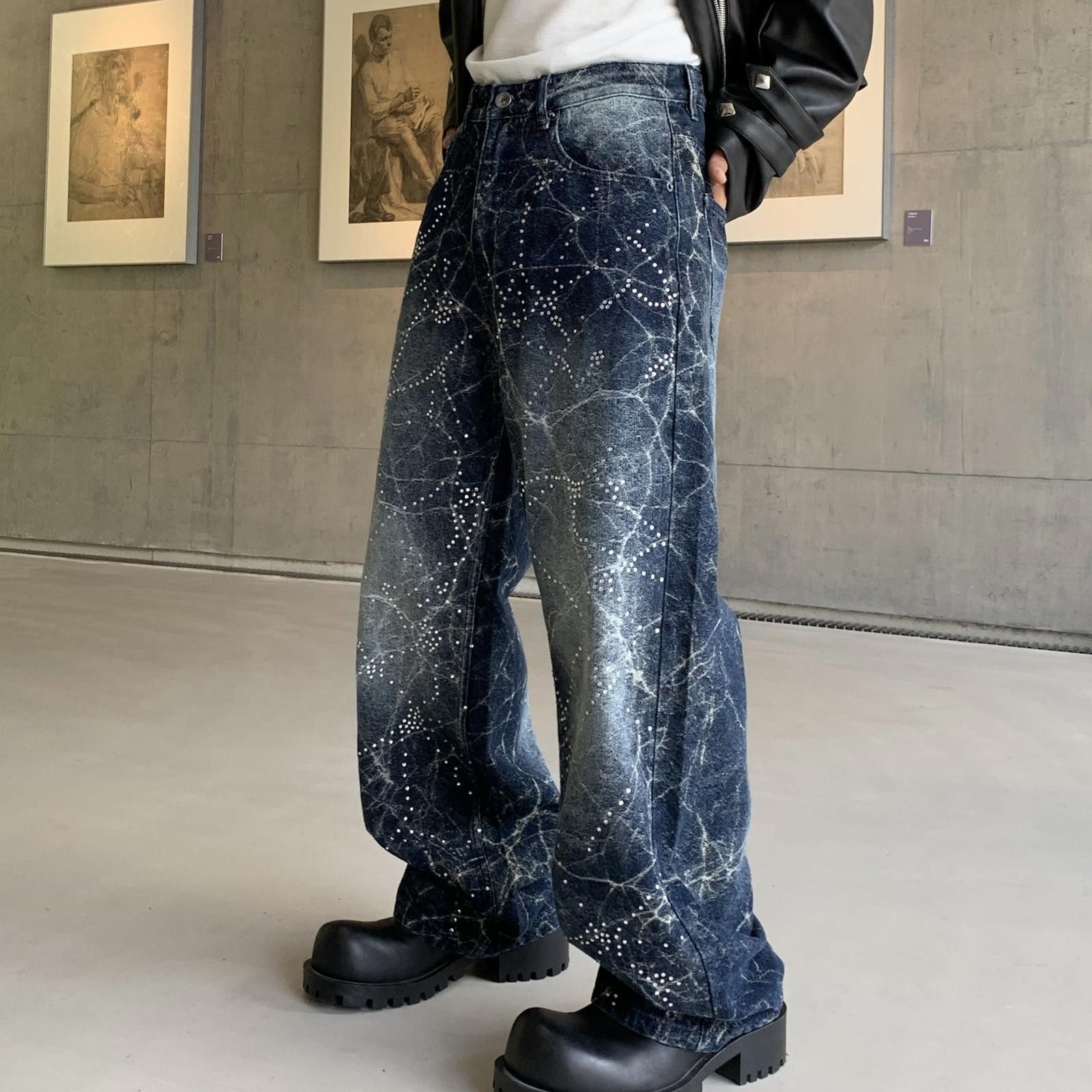 Vintage Blue Wide Leg Denim Jeans with Abstract Print Size US 30 / EU 46 - 3 Thumbnail