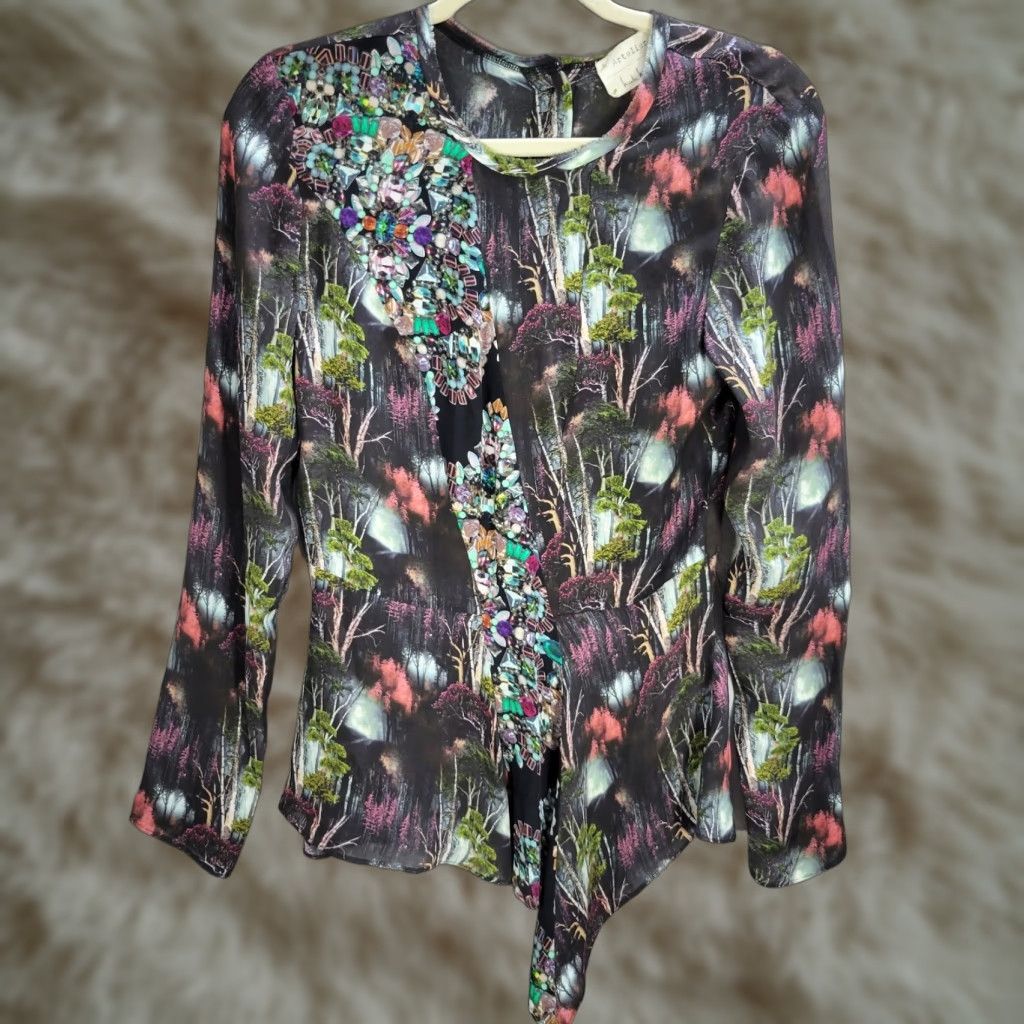 Nicole Miller Nicole Miller Woodland Pattern Silk Shirt P Multicolor Long Sleeve Buttoned Back Royal Rhinestone Blouse Womens Size S / US 4 / IT 40 - 1 Thumbnail