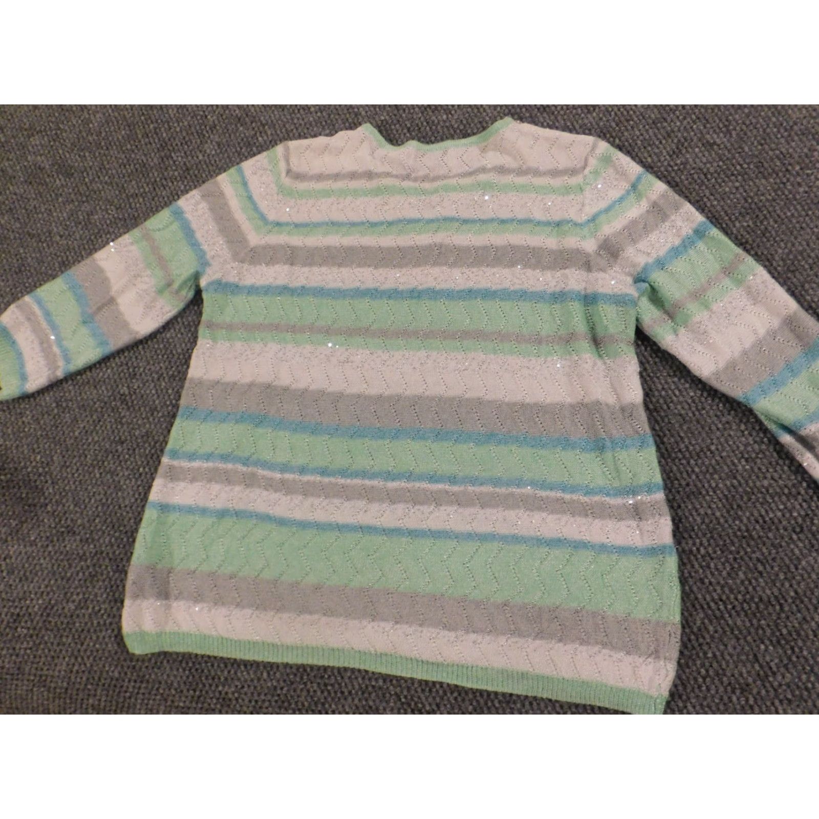 Vintage Alfred Dunner Sweater Womens XL Green Striped Pullover Crew Neck Knit Cap Sleeve Casual Regular Modern Knit Polyester Button Vintage No Size XL / US 12-14 / IT 48-50 - 6 Thumbnail
