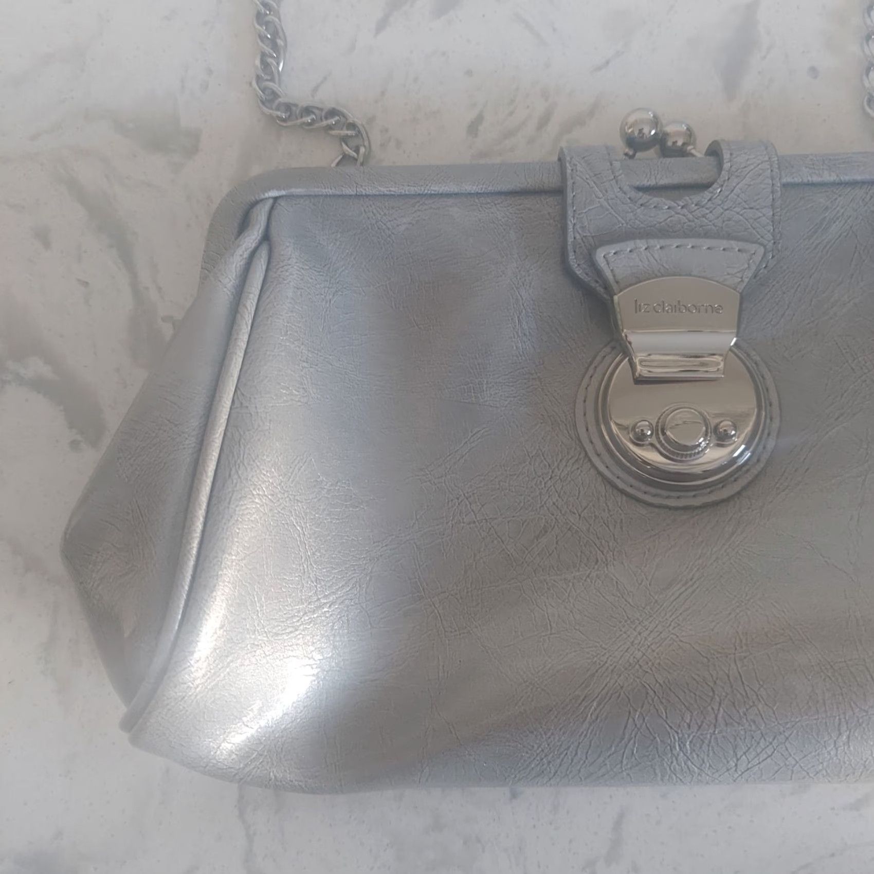 Liz Claiborne Lia Claiborne Women's Purse Silver Grey Patent Leather Snap Closure Chain Handle Small Bag Size ONE SIZE - 3 Thumbnail
