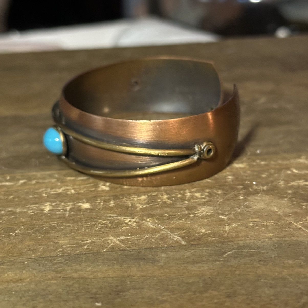 Vintage Vintage copper cuff bracelet with turquoise cabochon Size ONE SIZE - 6 Thumbnail