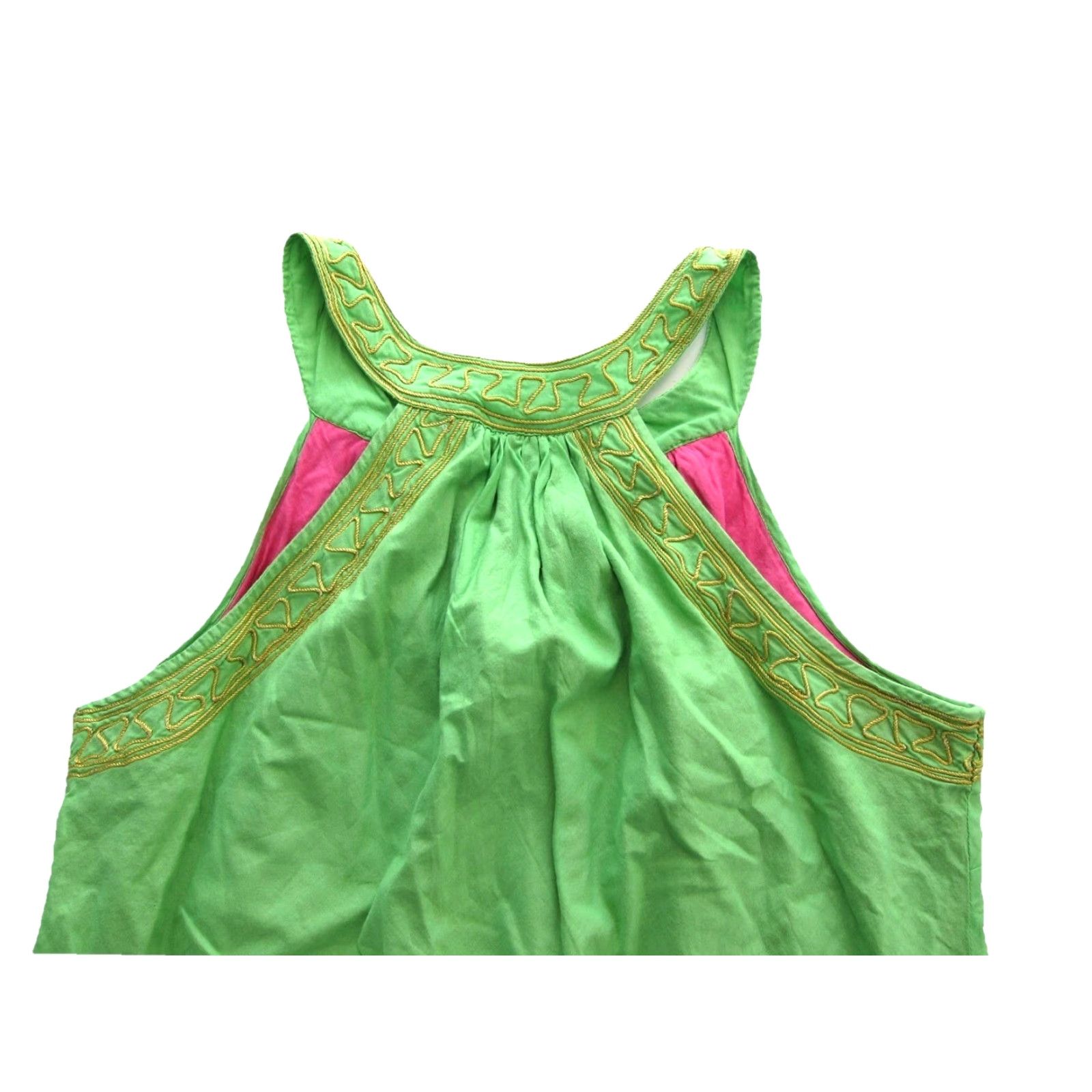 Vintage Gretchen Scott 100% Cotton Green Embroidered Gold Tunic Tank Dress M-L - Vintage Women's Maxi Kaftan Sleeveless V-Neck Pullover Dress Size M / US 6-8 / IT 42-44 - 6 Thumbnail