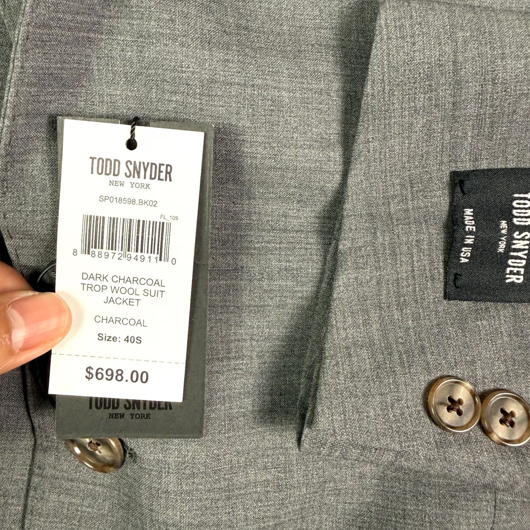 Todd Snyder Todd Snyder Trop Wool Suit Jacket Mens 40S Charcoal Gray Sutton Fit Italy NEW Size 40R - 3 Thumbnail