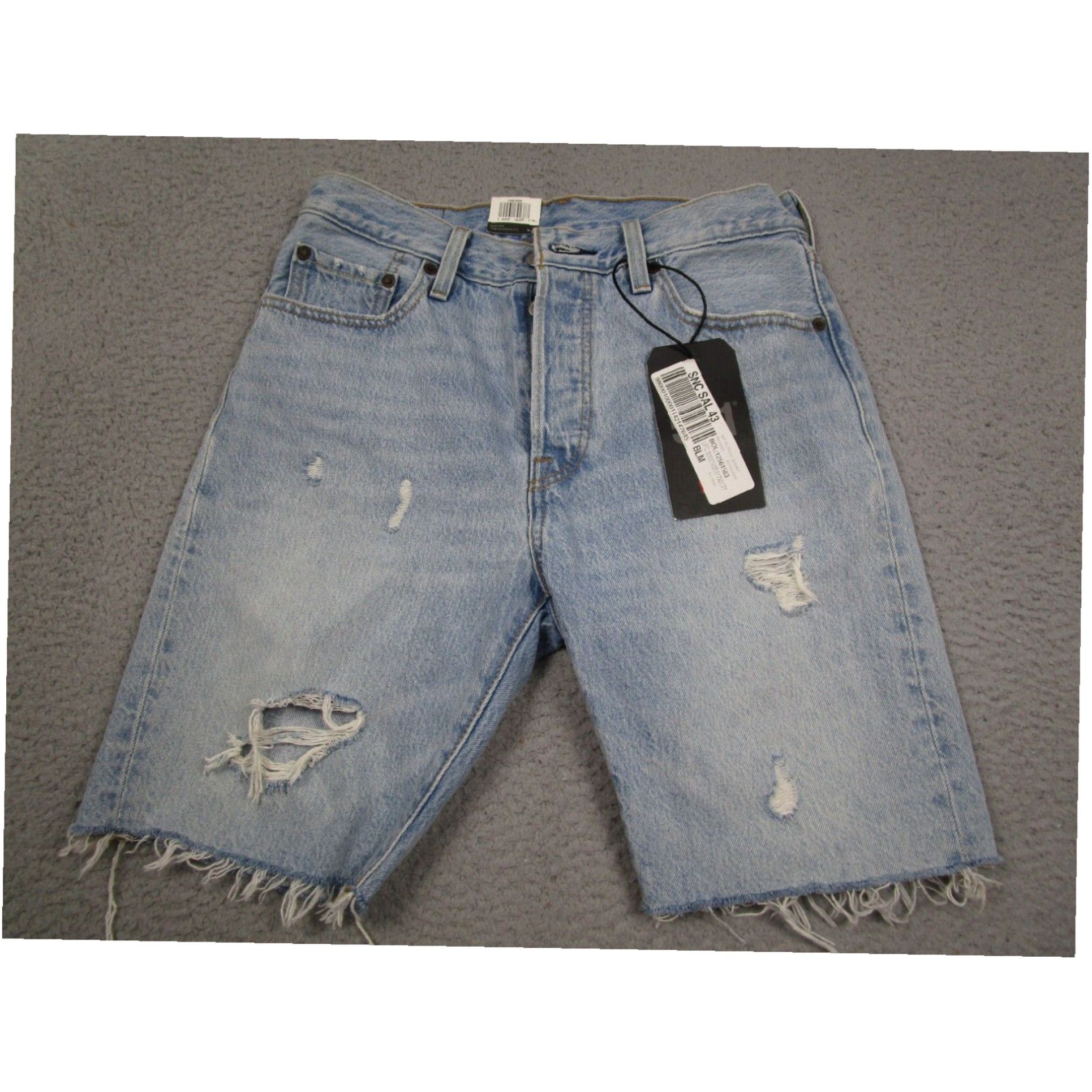 Womens Light Blue Heavy Distressed Classic Five Zero One Cut Levi Shorts Button Fly Style Multiple Pocket Bottoms