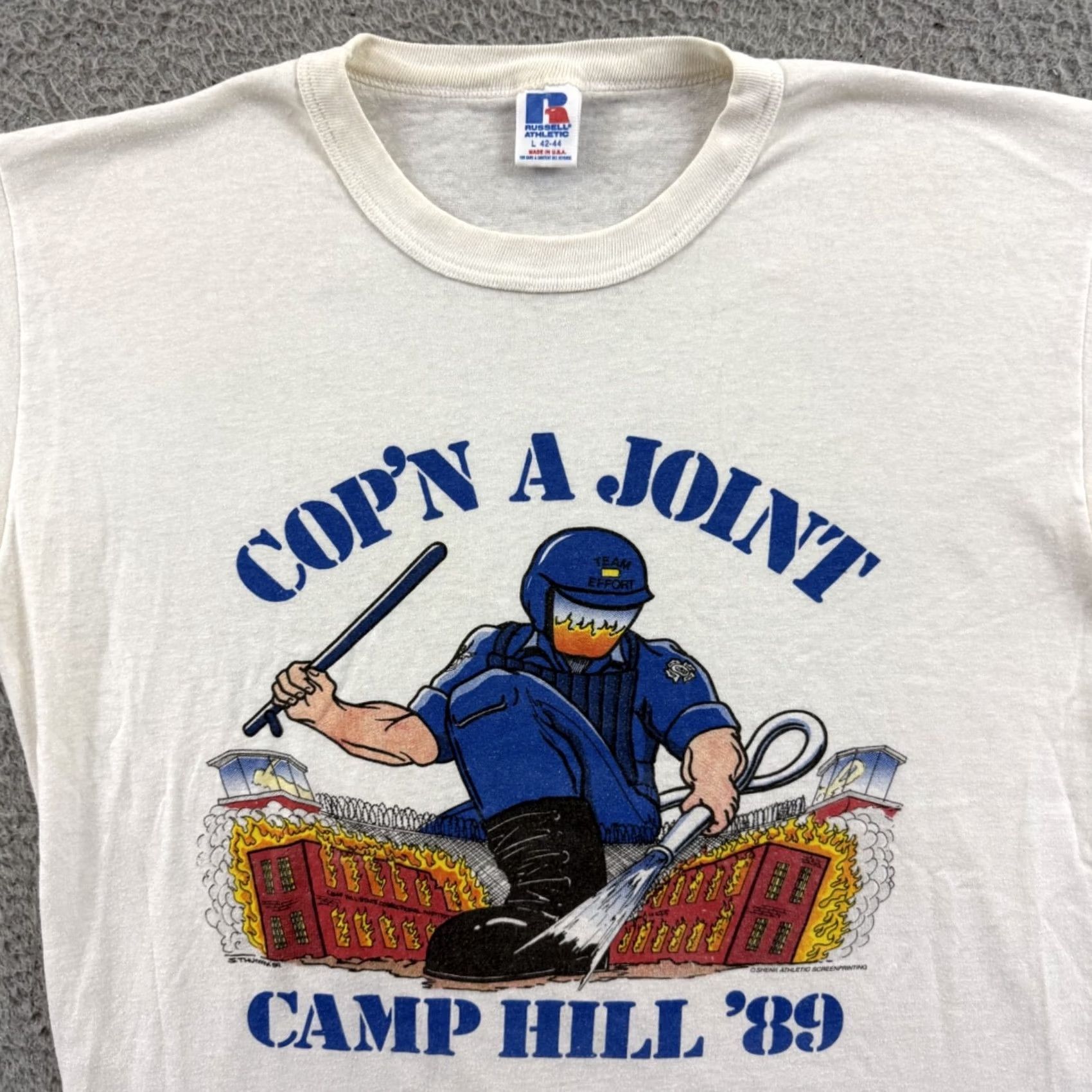 Russell Athletic VINTAGE Russell Athletic Camp Hill Inmate Riot Shirt Mens Large 80s Short Sleeve White Cotton Blend Graphic Print 80s Size US L / EU 52-54 / 3 - 3 Thumbnail