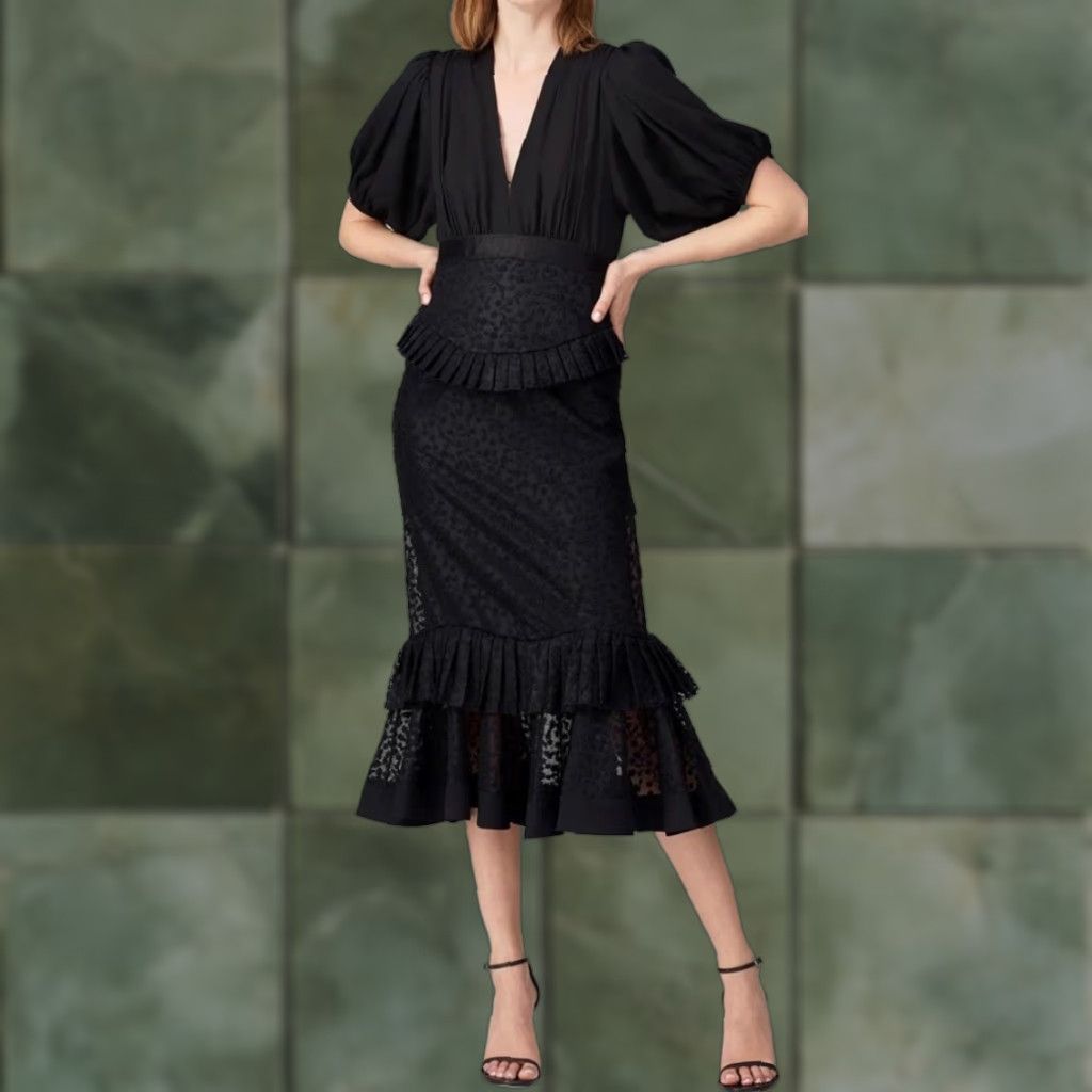 ALEXIS Dress Black Midi V-Neck Tiered Ruffle Floral Lace Size L Designer
