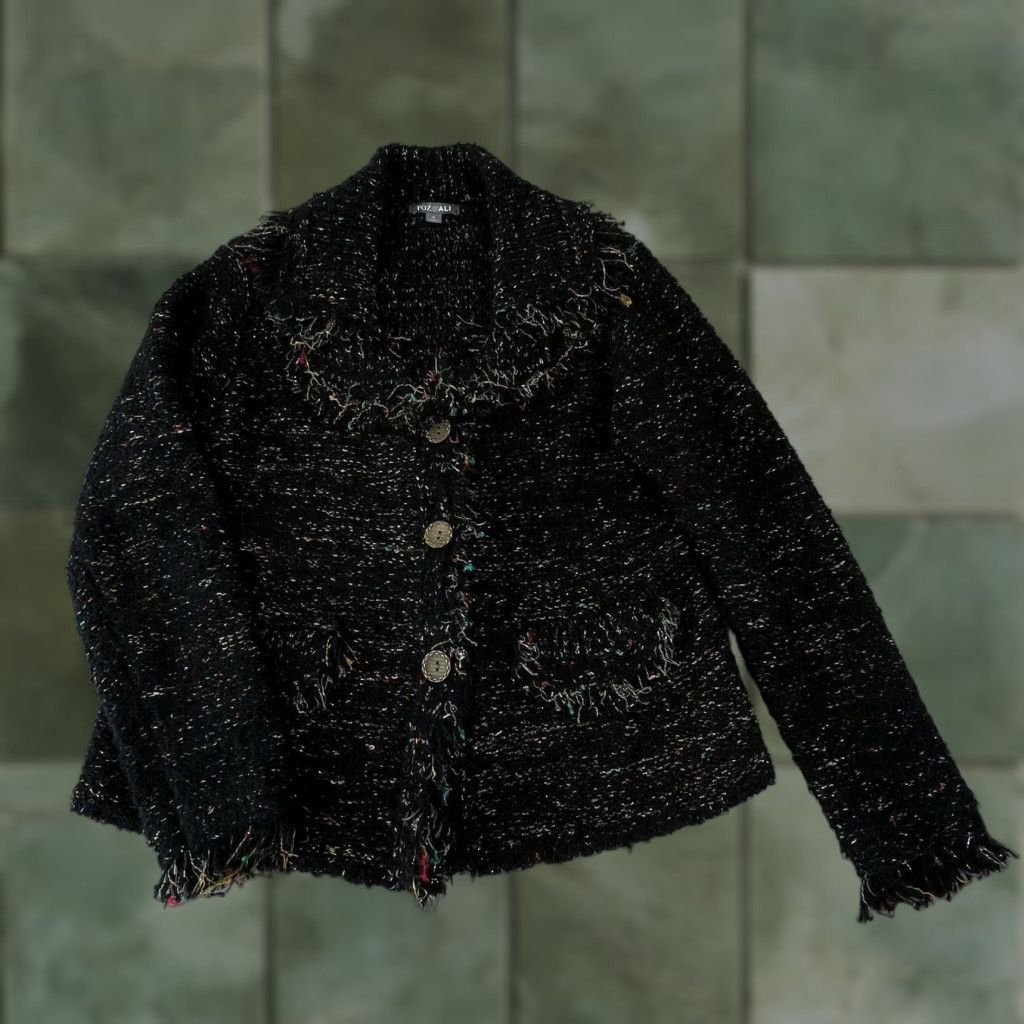 Vintage Roz & Ali Womens Long Sleeve Cardigan Sweater Large Black Fringe Metallic Thread Ladies Size L / US 10 / IT 46 - 1 Thumbnail