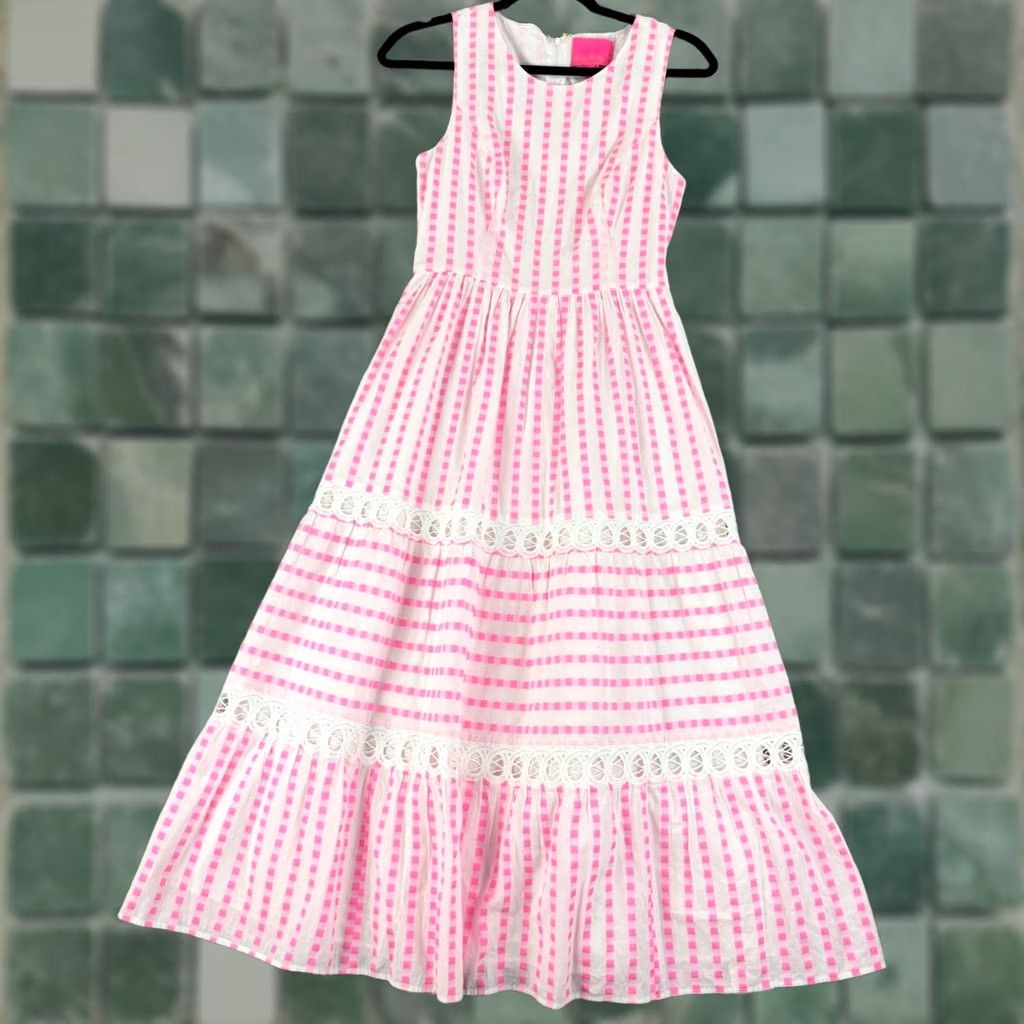 Lilly Pulitzer Lilly Pulitzer Maybella Dress 0 Pink Gingham Tiered Midi Sleeveless Womens Size XS / US 0-2 / IT 36-38 - 1 Thumbnail
