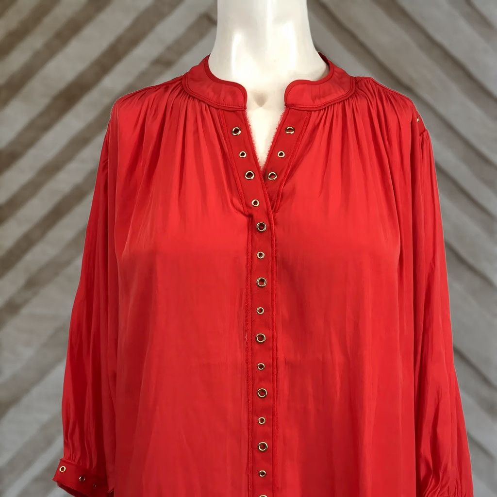 Vintage VINTAGE Chico's Chicos Red Grommet Button Front Blouse Mandarin Collar 3/4 Sleeve Size 10 Womens Red Blouse Size L / US 10 / IT 46 - 1 Thumbnail