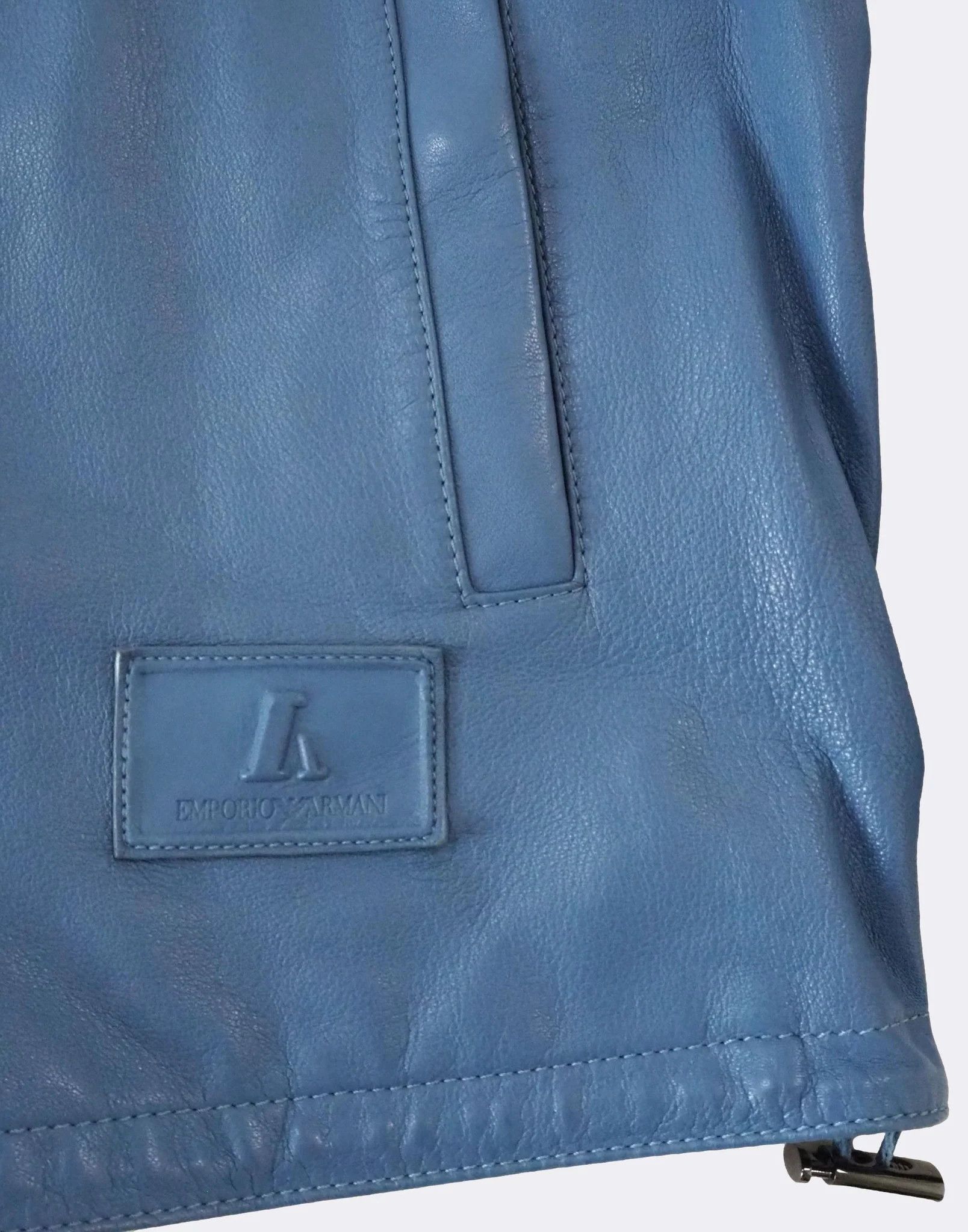 Emporio Armani Light Blue Hooded Zip-Front Leather Jacket $1175 Size US L / EU 52-54 / 3 - 8 Thumbnail