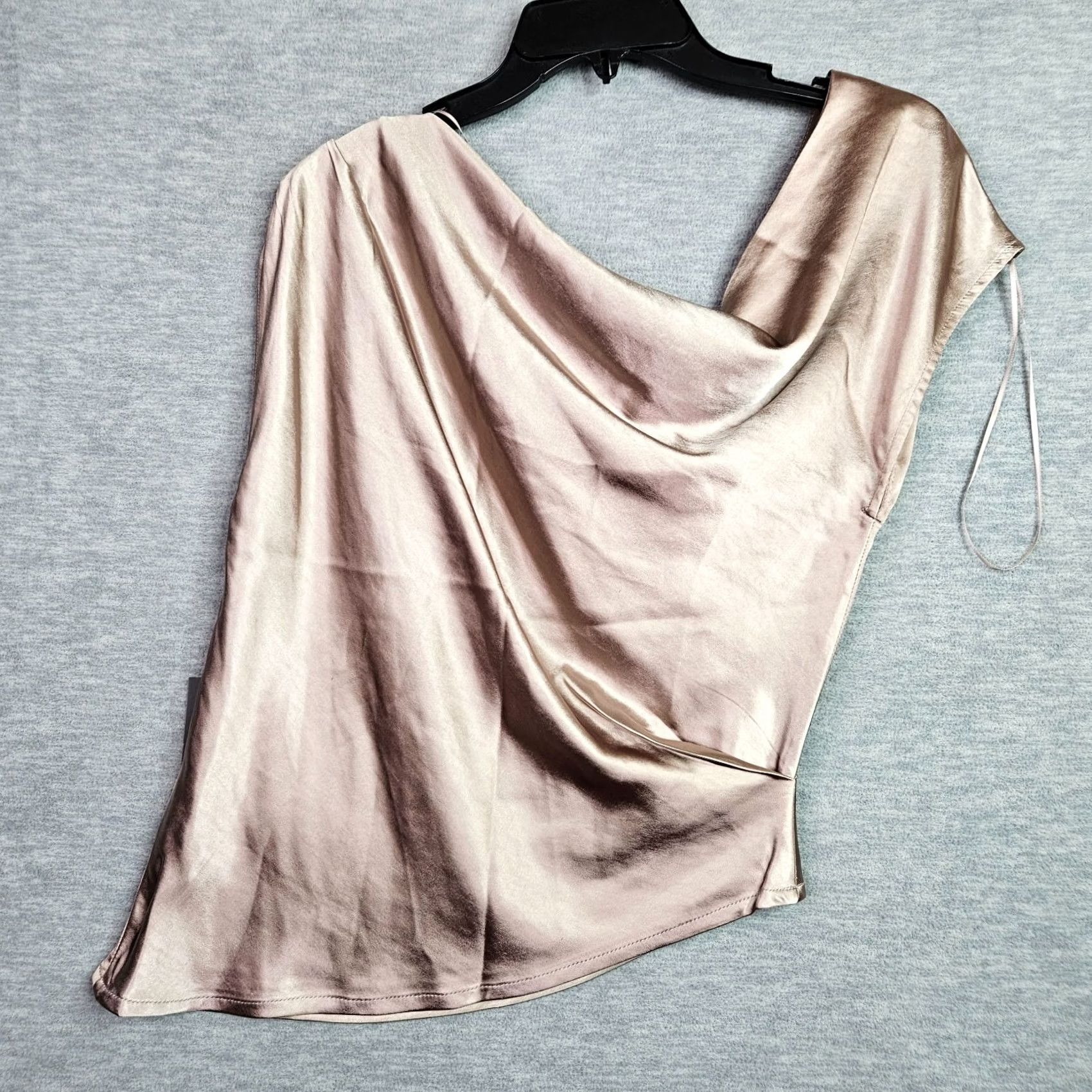 Vintage Jluxlabel Women Satin Drape Top XS Champagne Asymmetrical NWT Satin Blouse Off Shoulder Short Sleeve Pink Regular Fit Women XS NWT Size XS / US 0-2 / IT 36-38 - 5 Thumbnail