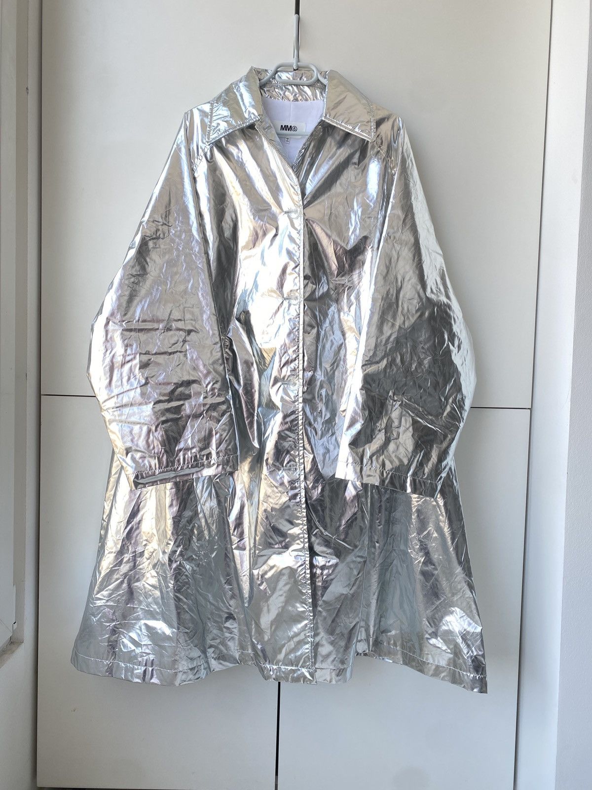 image of Maison Margiela Mm6 Silver Trench Coat in Metallic Silver, Women's (Size Medium)