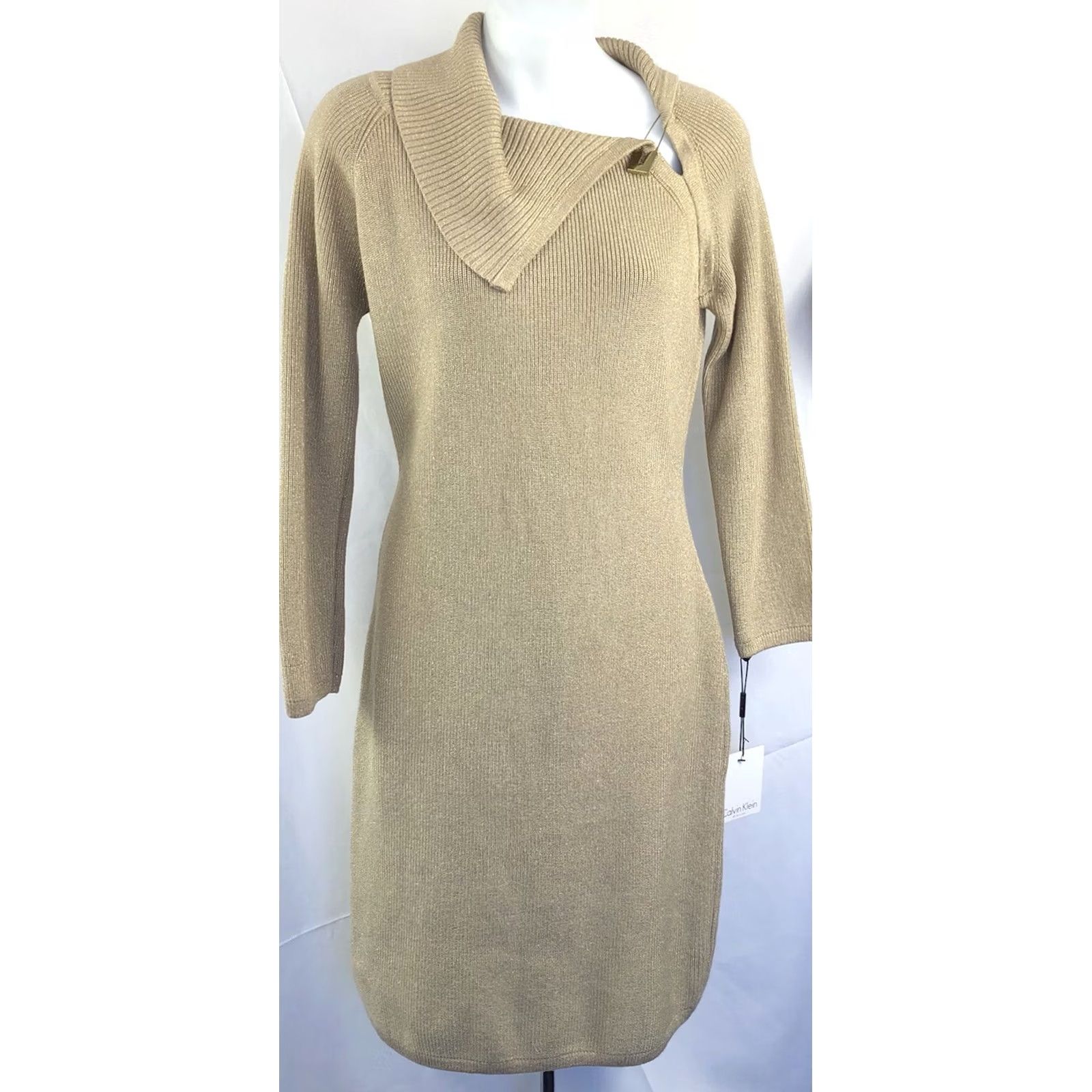 Calvin Klein VINTAGE Calvin Klein Sweater Dress M Gold Glitter Cowl Neck Logo Pin Glam Coquette Size M / US 6-8 / IT 42-44 - 2 Thumbnail