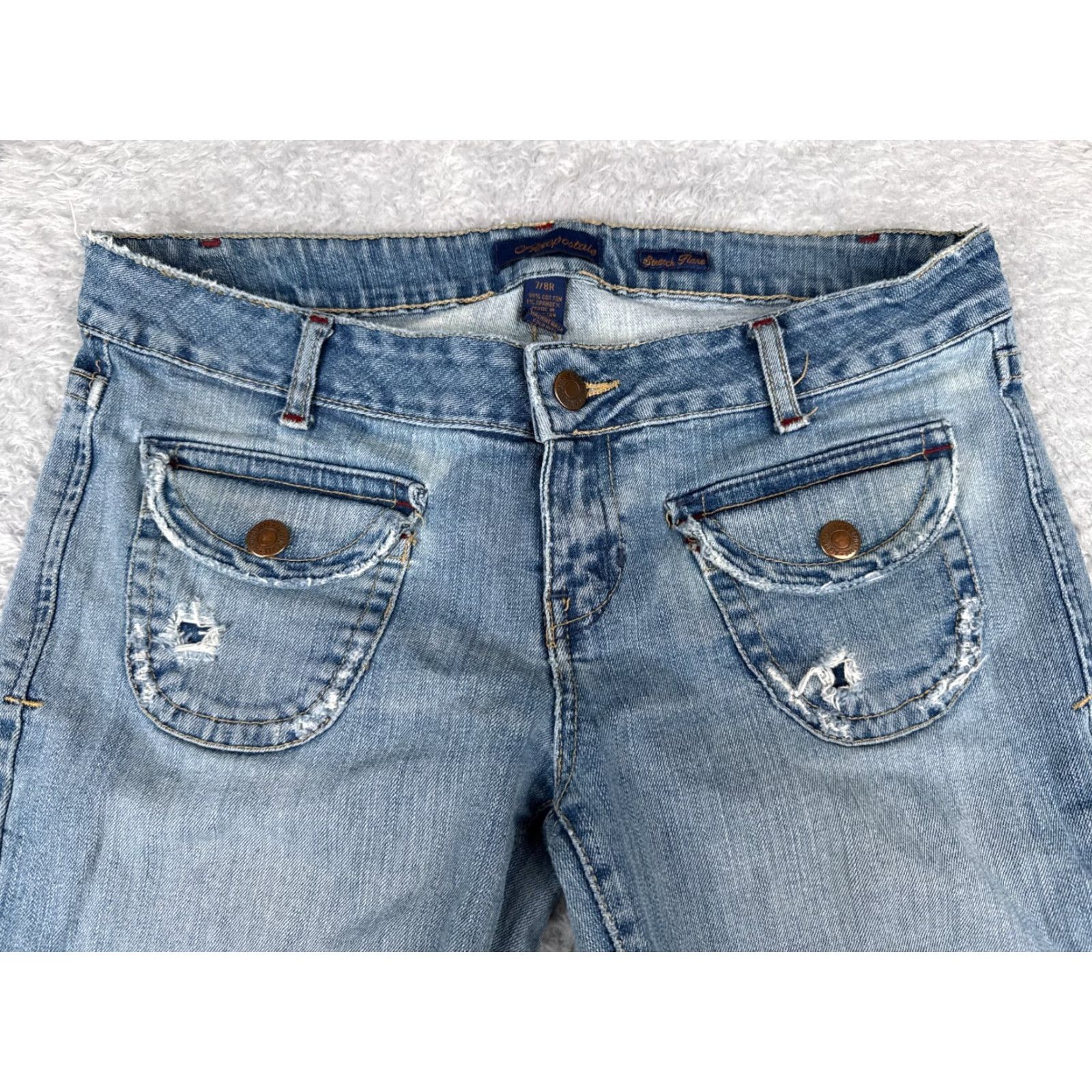 Vintage Aeropostale Jeans 7 Juniors Blue Denim Flared Distressed Cotton Blend Low 32x30 Size 28" / US 6 / IT 42 - 4 Thumbnail