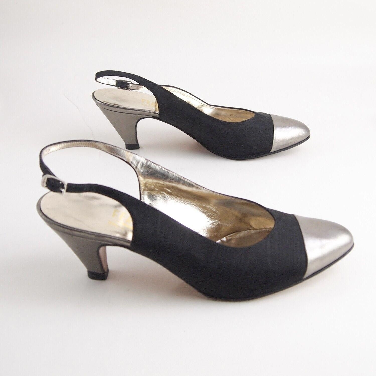 Salvatore Ferragamo Ferragamo Slingback Sandals Black Canvas Silver Cap Tee US 8 Size US 8 / IT 38 - 6 Thumbnail