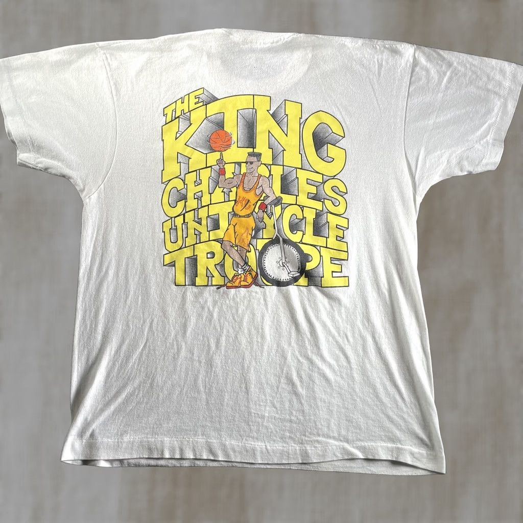 Vintage VINTAGE Screen Stars T-Shirt Mens Large White 50/50 Graphic Print King Charles Unicycle Troupe Sports Vintage Mens Size US L / EU 52-54 / 3 - 1 Thumbnail