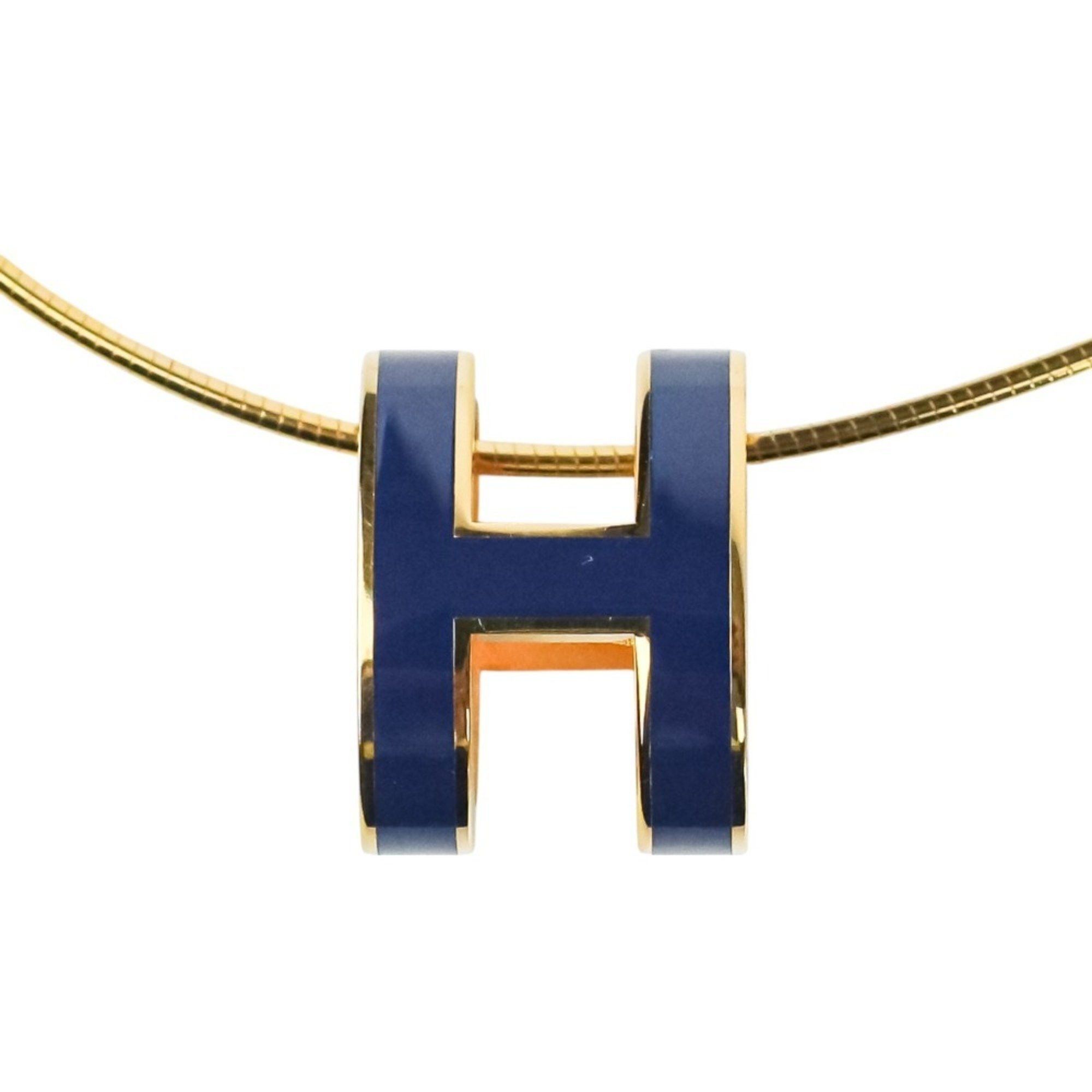 Hermes Pop H Necklace Bleu Fonce Gold Color Women's
