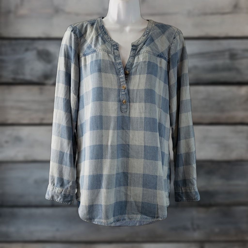 Eddie Bauer Eddie Bauer Womens Popover Top Blouse Shirt Long Sleeve Tencel Blue Checkered Small Size S Casual Womens Size S / US 4 / IT 40 - 1 Thumbnail