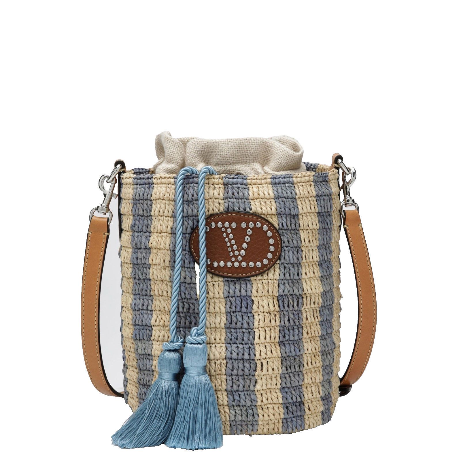 Valentino VALENTINO GARAVANI Small Beige Light Blue Raffia Bucket Bag Size ONE SIZE - 1 Thumbnail