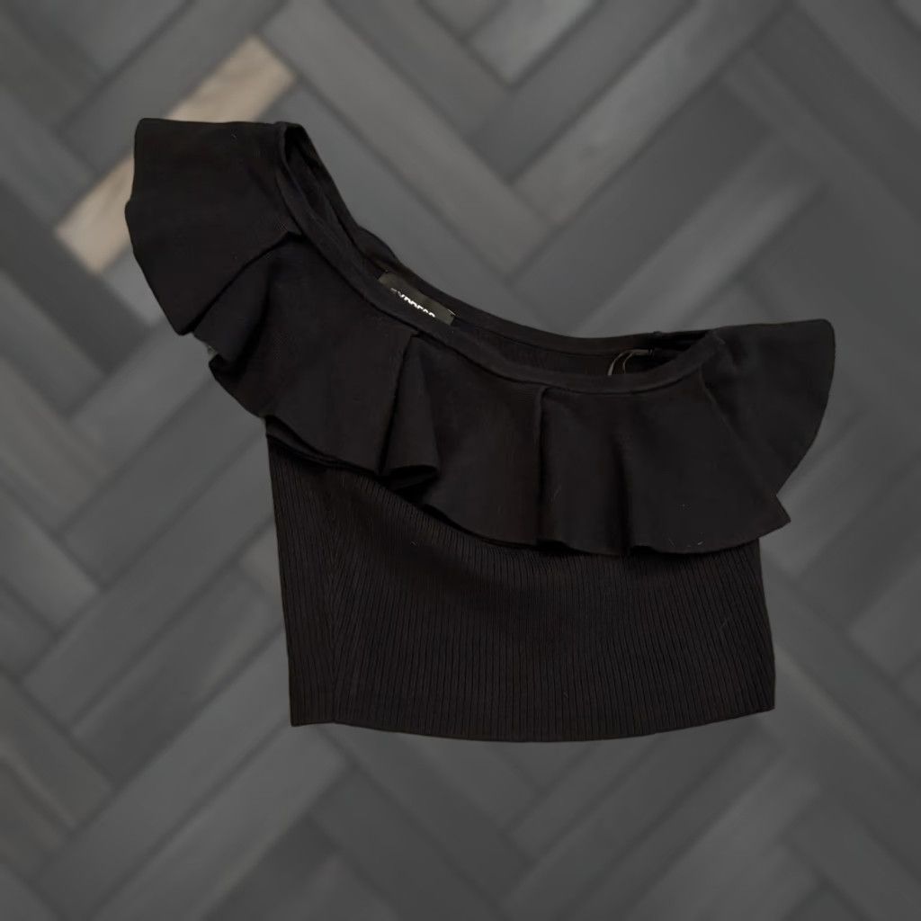 Express VINTAGE Express Top Womens Small Black One Shoulder Asymmetrical Crop Ruffle Cocktail Size S / US 4 / IT 40 - 1 Thumbnail