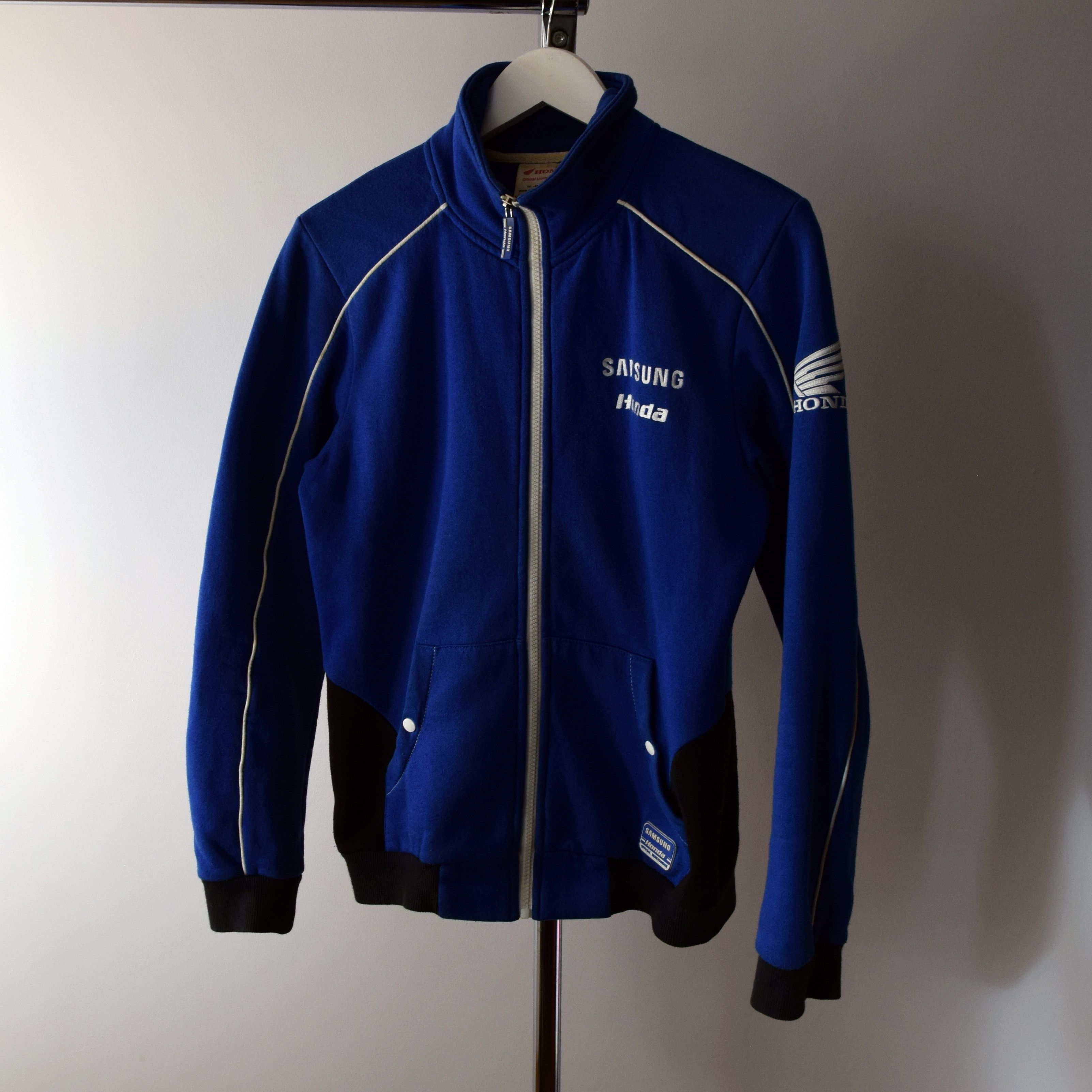 image of Vintage Honda Samsung Hooded Racing Patched Jacket in Blue, Men's (Size Medium)