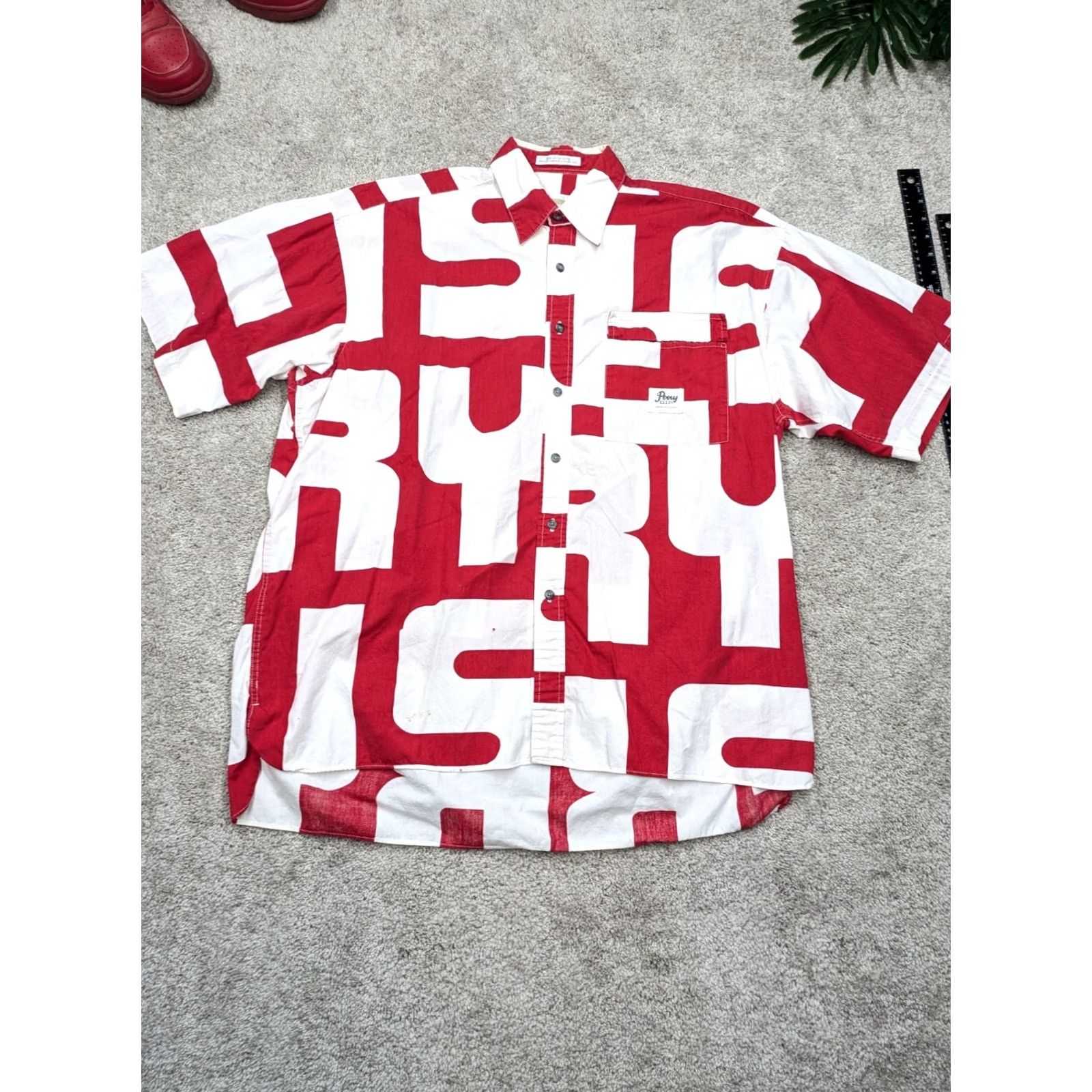Perry Ellis VINTAGE Perry Ellis Shirt Men Large All Over Print Button Abstract 90s Red White Size US L / EU 52-54 / 3 - 2 Thumbnail