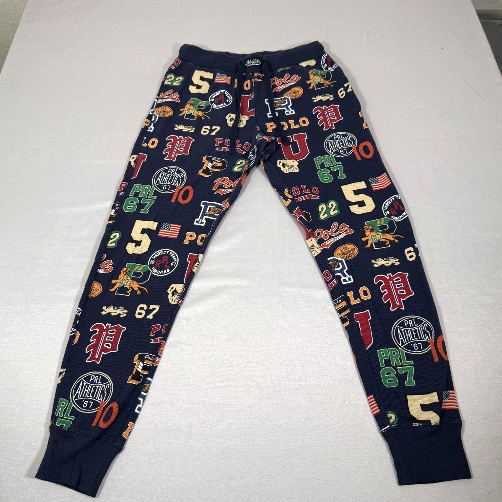 Polo Ralph Lauren Polo Ralph Lauren Pajama Pants Mens M Blue Waffle Knit Logo Collegiate Sports Print Jogger Cuffed Hem Knit Sleepwear Bottoms Size US M / EU 48-50 / 2 - 2 Thumbnail