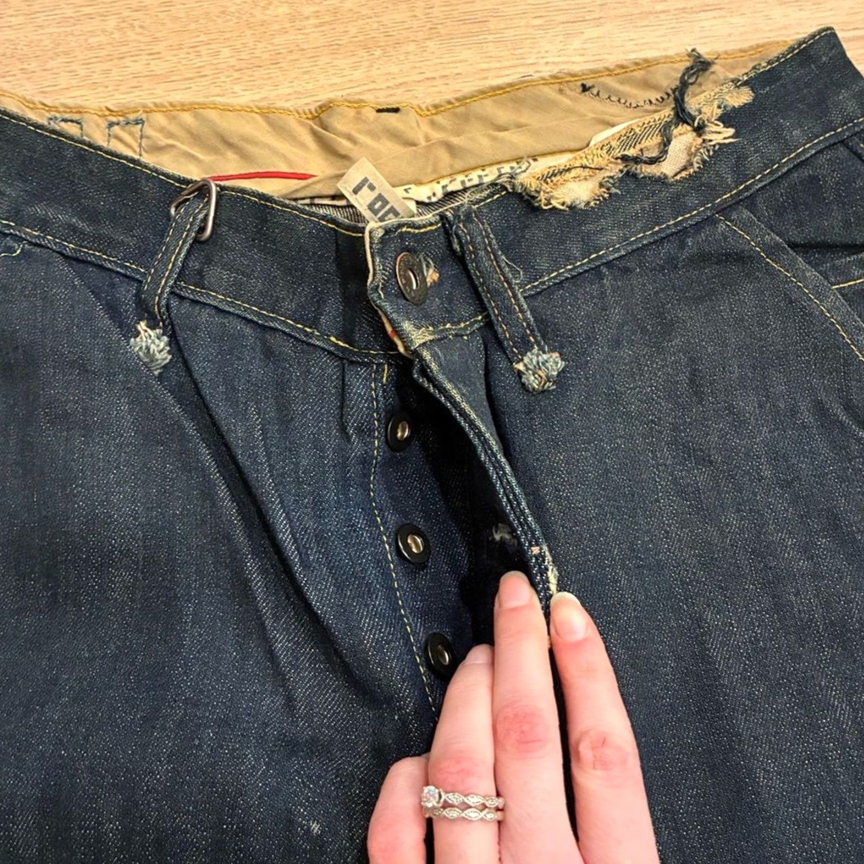 Vintage Rogan Distressed Dark Wash Funnel Button Fly Embroidered Jeans 33 Men Size 33 Regular Straight Blue NWT (New without tags) Size US 33 - 6 Thumbnail