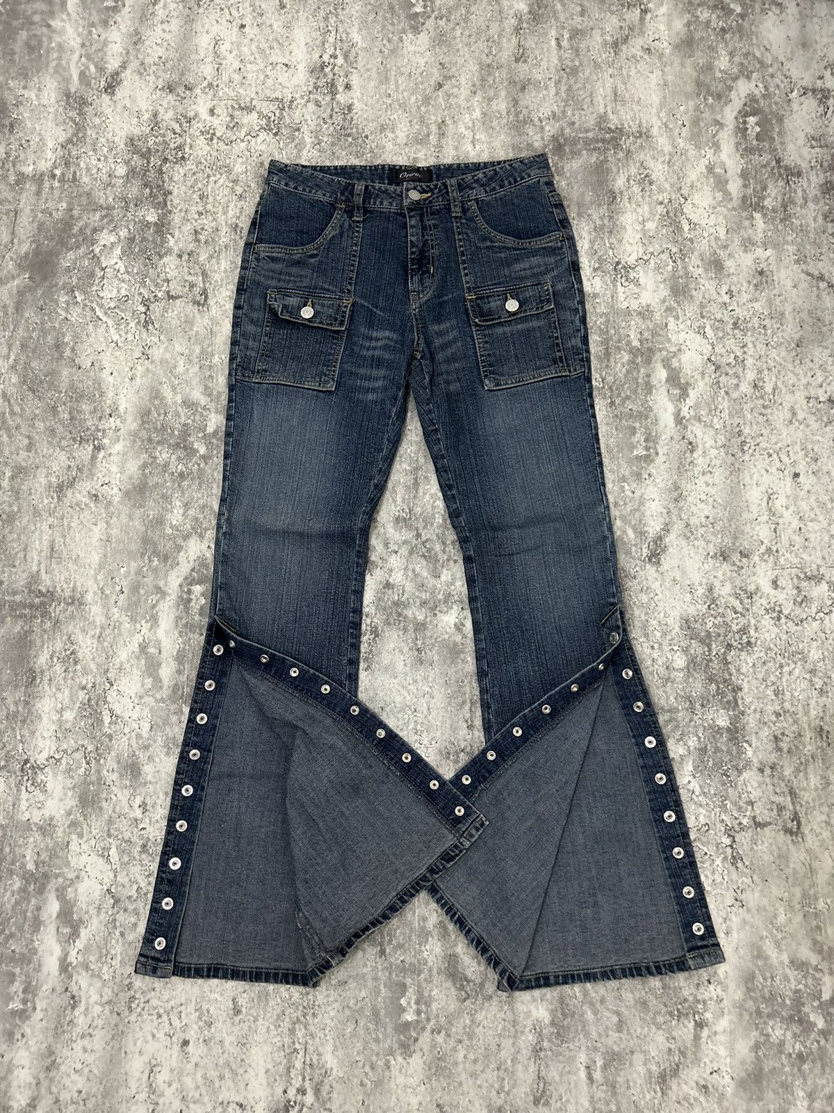 image of 14Th Addiction x If Six Was Nine Bootcut Multipocket Button Side Flare Oririn Jeans in Navy (Size 2