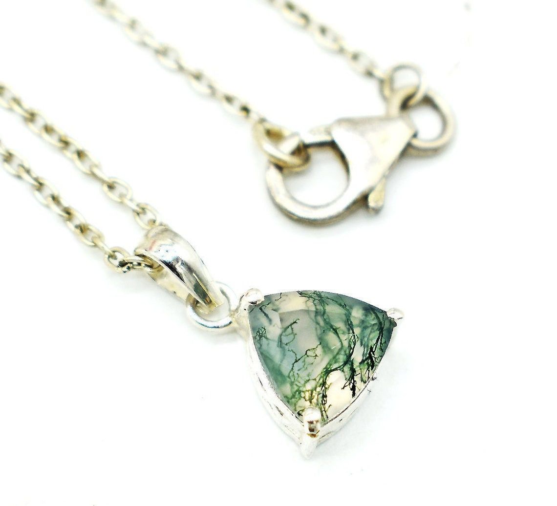 Handmade Triangle Moss Agate Necklace: 925 Sterling Silver Pendant Size ONE SIZE - 6 Thumbnail