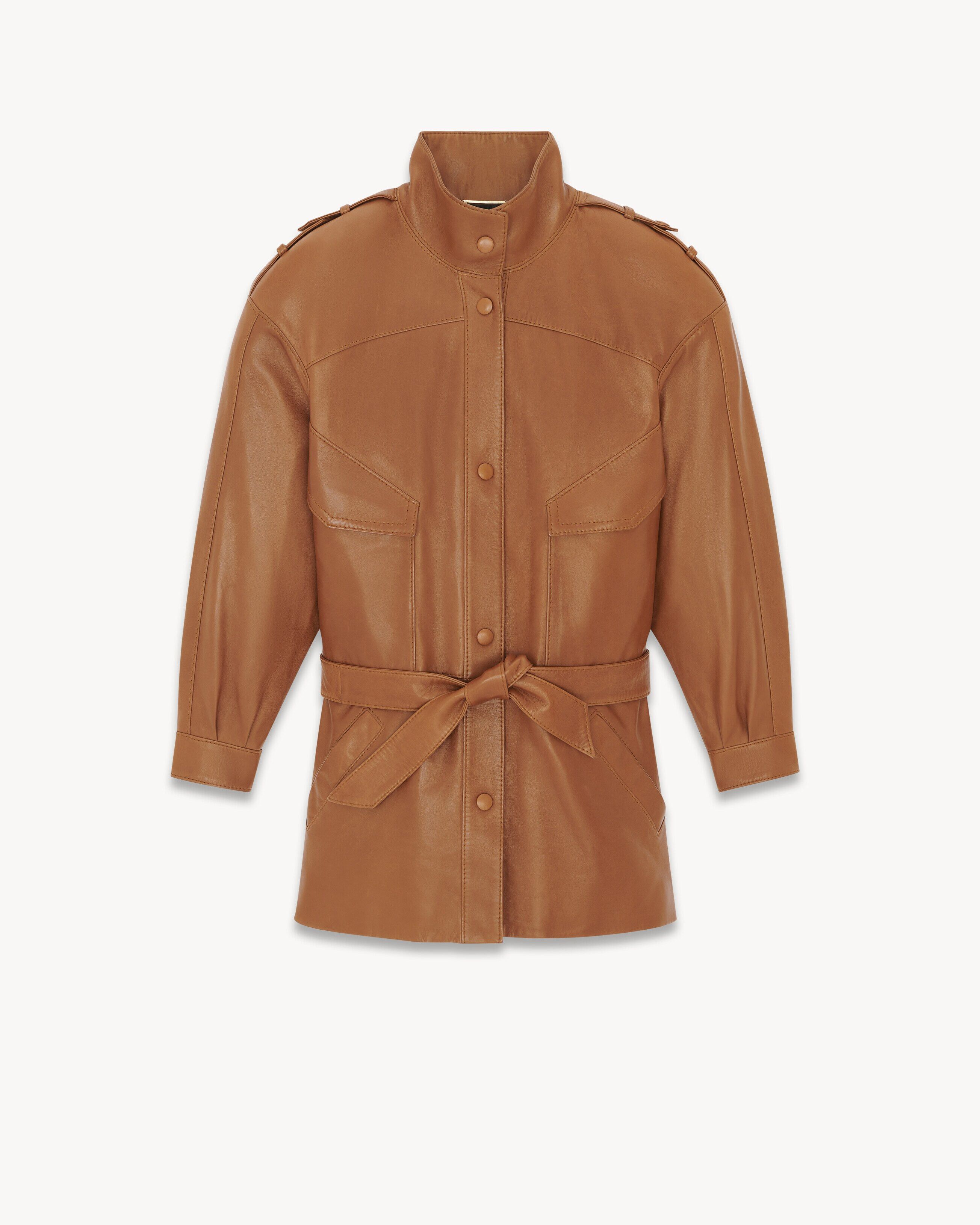 Saint Laurent Paris o1bcso1str0325 Belted Parka In Lambskin in Brown Size S / US 4 / IT 40 - 1 Thumbnail