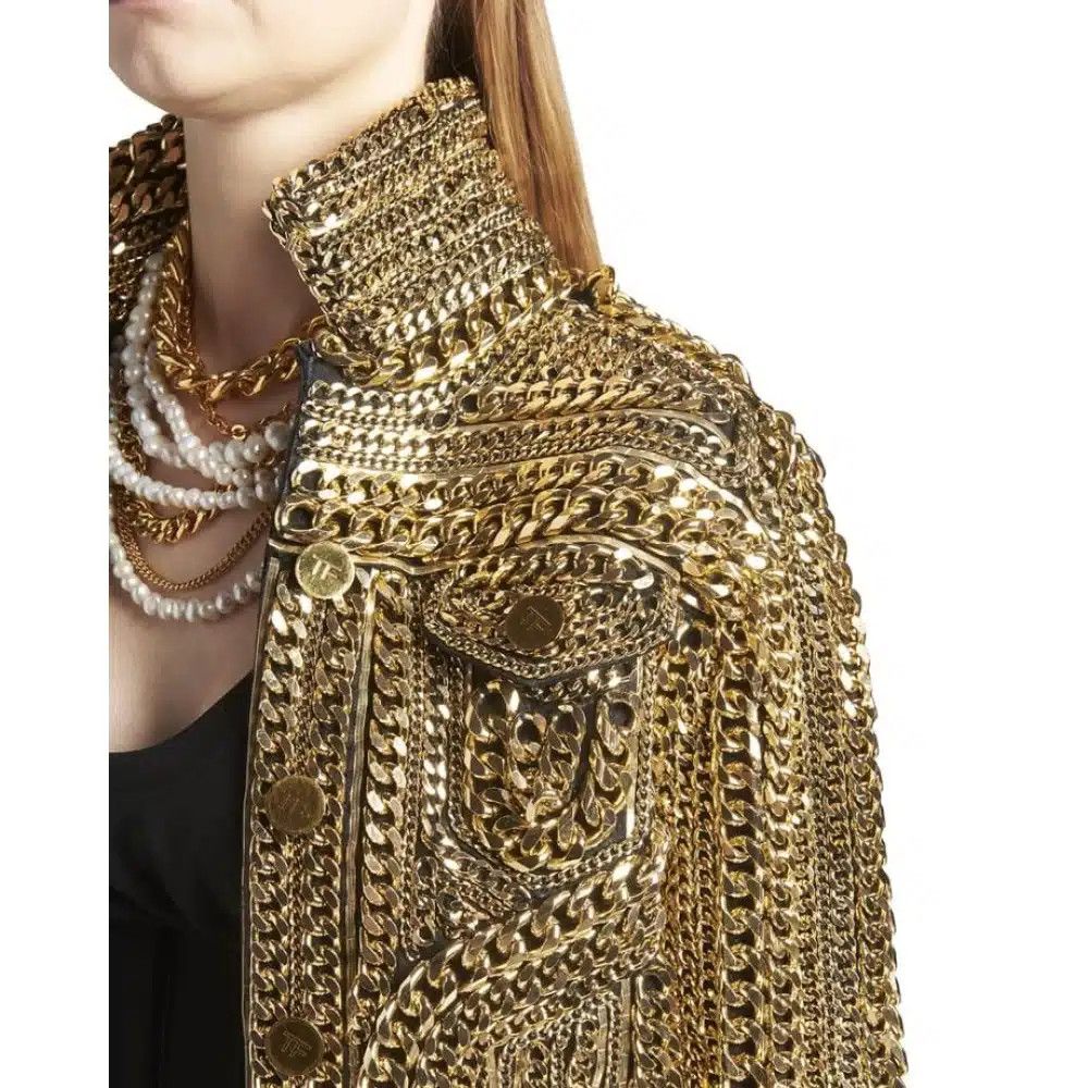 Tom Ford o1loc1c0425 GID064 Chain Embellished Denim Jacket in Gold Size XS / US 0-2 / IT 36-38 - 3 Thumbnail