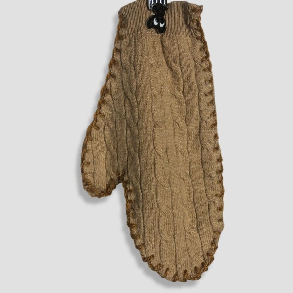 Vintage Cable Knit Wool Mittens 3D Puppy Appliqué Embroidery Beige L Size ONE SIZE - 2 Thumbnail