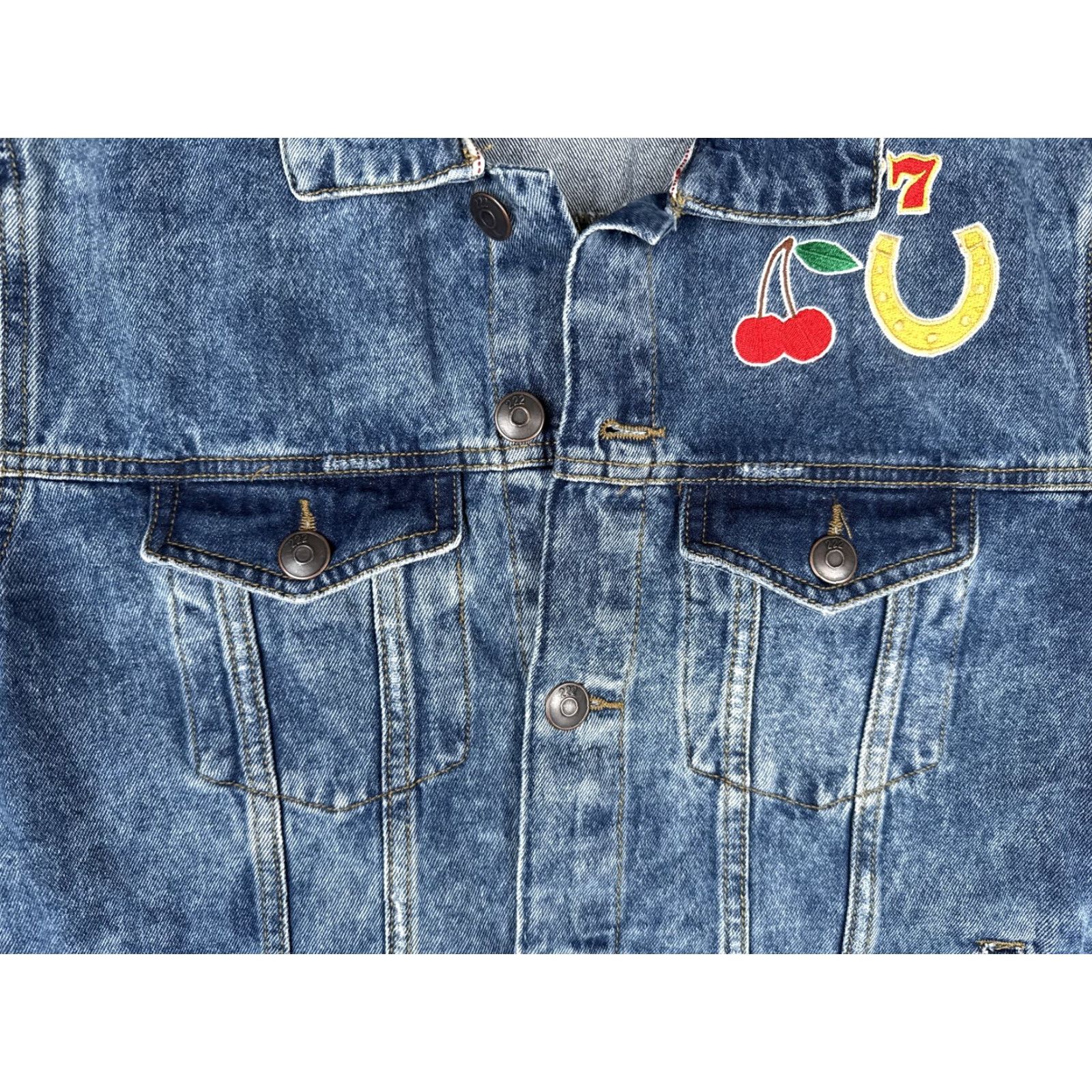 Denime Adam Levine Jacket Womens L Blue Denim Palms Casino Gambling Slots 777 Lucky Printed PALMS Patch Embroidered 777 Graphic Size L / US 10 / IT 46 - 6 Thumbnail