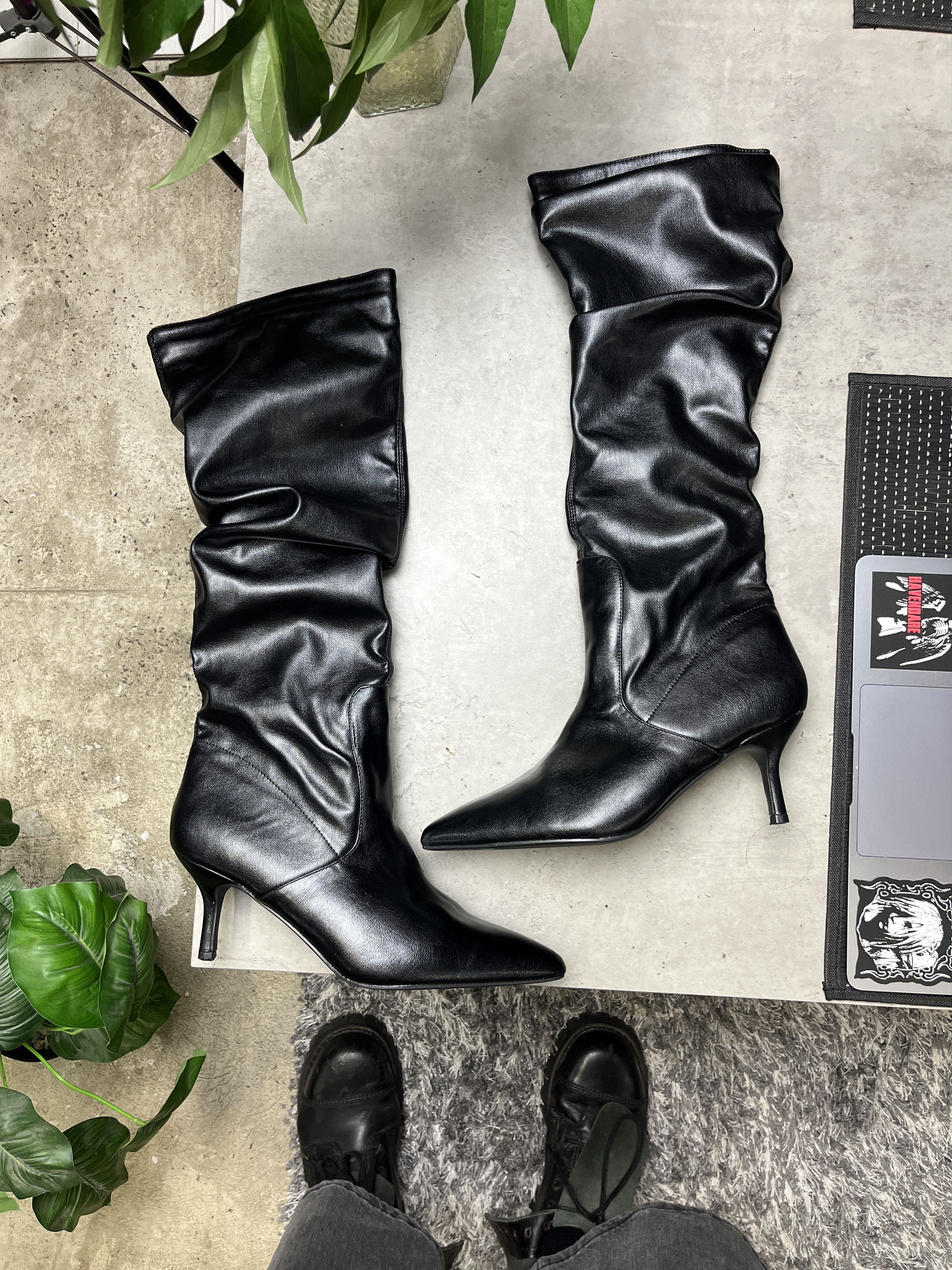 Other VINTAGE 1990s BLACK ECO LEATHER SLOUCH HEEL BOOTS - 5141 Size US 9.5 / IT 39.5 - 1 Thumbnail