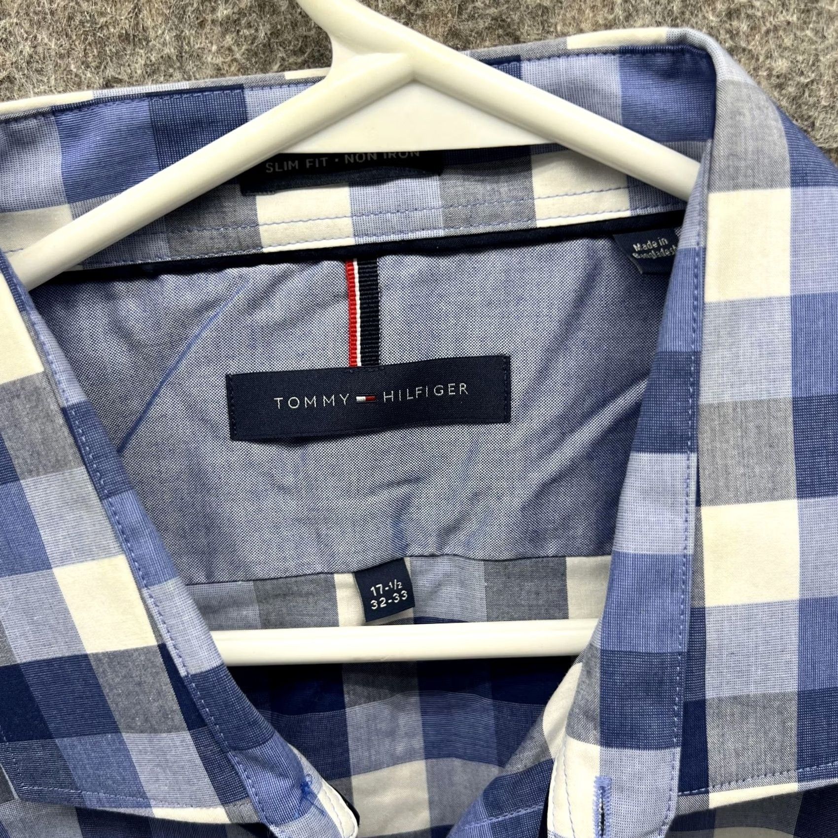 Tommy Hilfiger Tommy Hilfiger Dress Shirt Mens 17.5 32/33 Blue Check Slim Non Iron Long Sleeve Shirt Size 48R - 2 Thumbnail