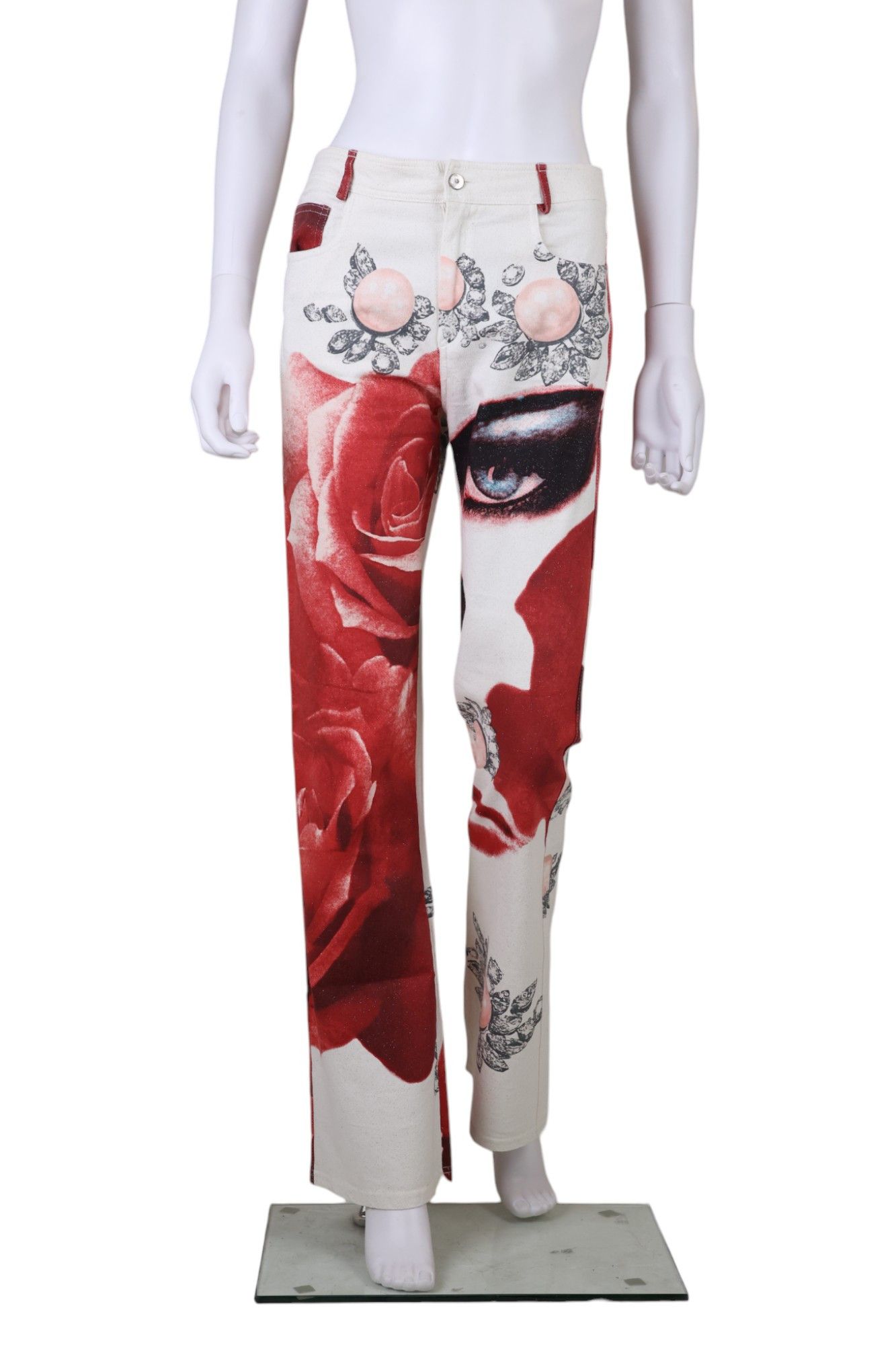 Alexander McQueen 90's Red&White Red Rose and Face Print Bootcut Jeans Size 30" / US 8 / IT 44 - 1 Thumbnail