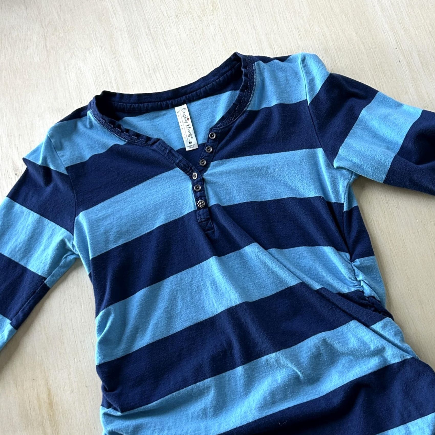 Vintage Cherishing Hearts Maternity Tunic Shirt Women M Blue Striped Henley 3/4 Sleeve Jersey Cotton Spandex Casual Vintage: No Women Size M / US 6-8 / IT 42-44 - 2 Thumbnail