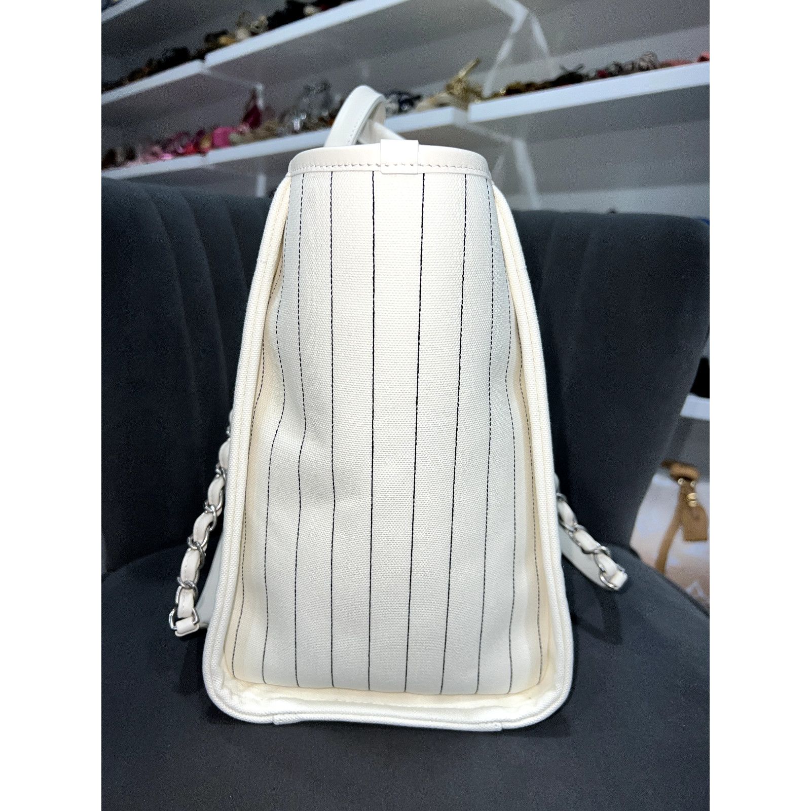 Chanel Chanel Deauville Ecru Stripe Large Shopping 30cm Tote Bag Size ONE SIZE - 5 Thumbnail