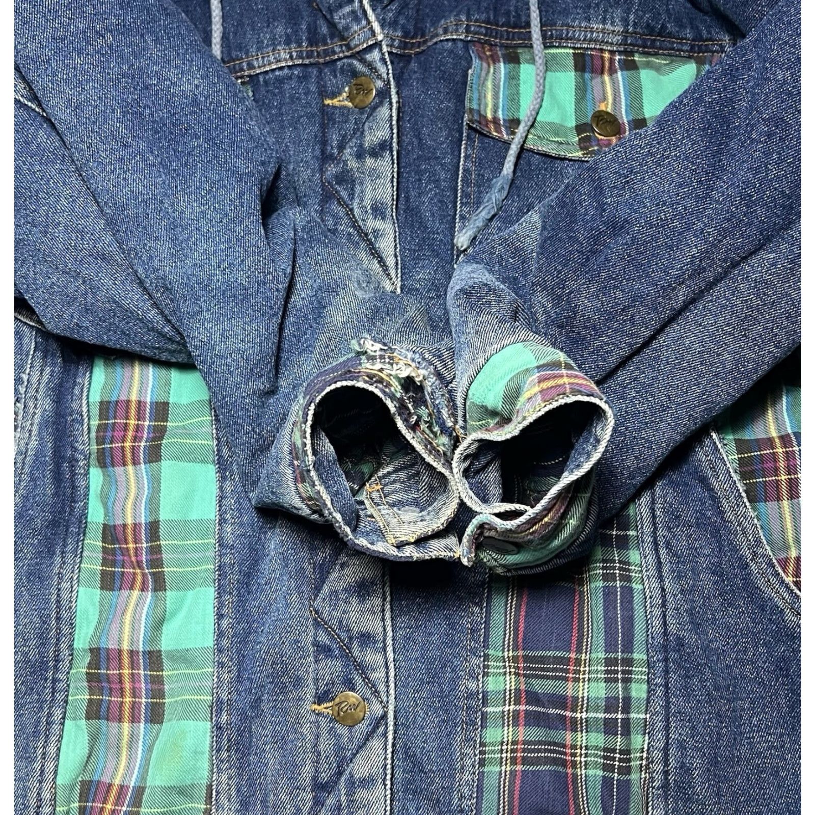 Rainbow VINTAGE Rainbow West Heavy Denim Jacket Geometric Plaid Trim Quilted Hooded Padded Pockets Unisex Adults M Blue Fall Winter Size M / US 6-8 / IT 42-44 - 4 Thumbnail
