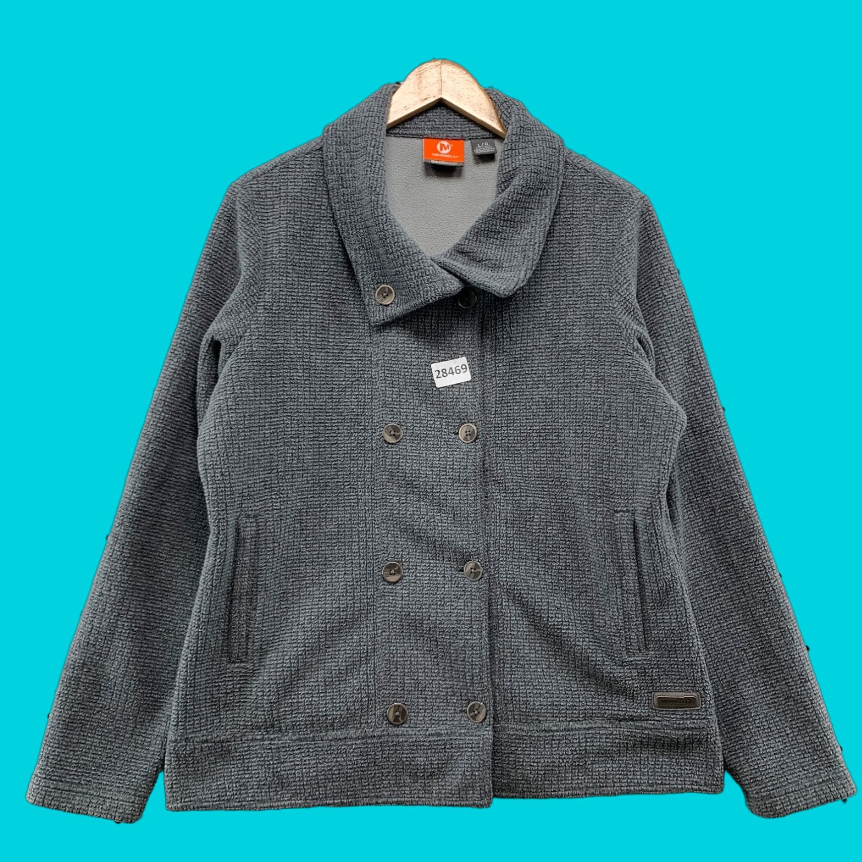 Merrell Knit Jacket Gry Double Breasted Collared Coat Women’s Large 22.5X26.5
