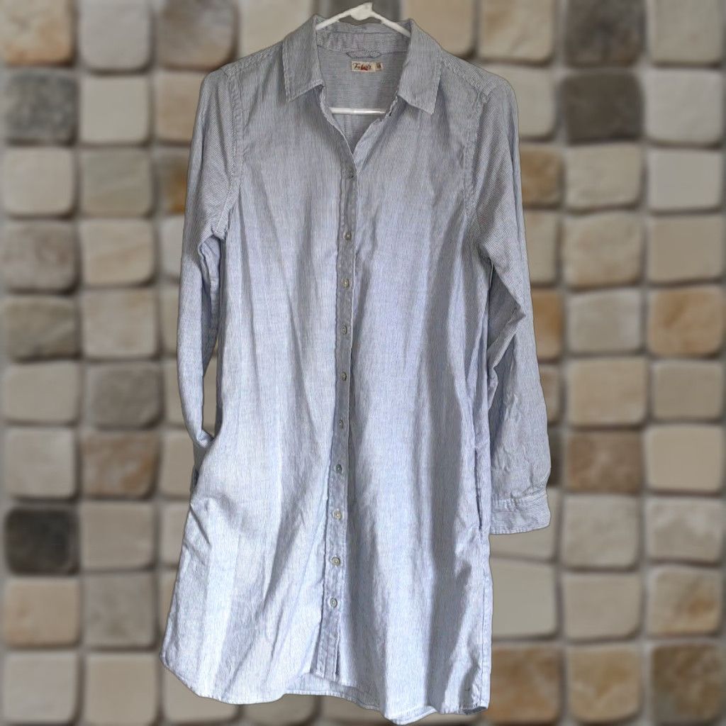 Faherty Faherty Women's Shirt Dress Oxford-Stripe Cotton Bayview Stretch Sz S Midi White and Blue Long Sleeve Collared Pockets Size S / US 4 / IT 40 - 1 Thumbnail