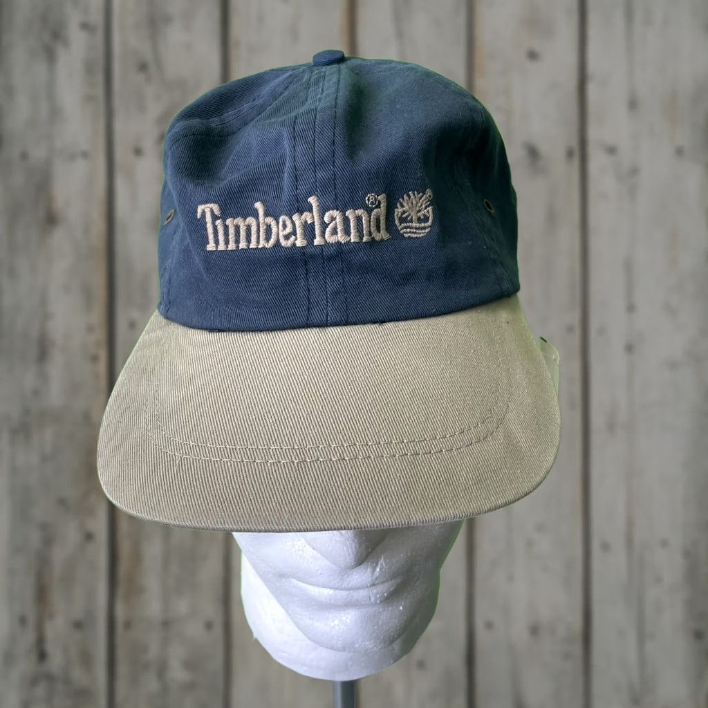Timberland VINTAGE Timberland Hat Blue Beige Leather Strapback Weather Gear Twill Dad Cap Men's One Size Adjustable Cotton Canvas Baseball Cap 90s Theme Size ONE SIZE - 1 Thumbnail