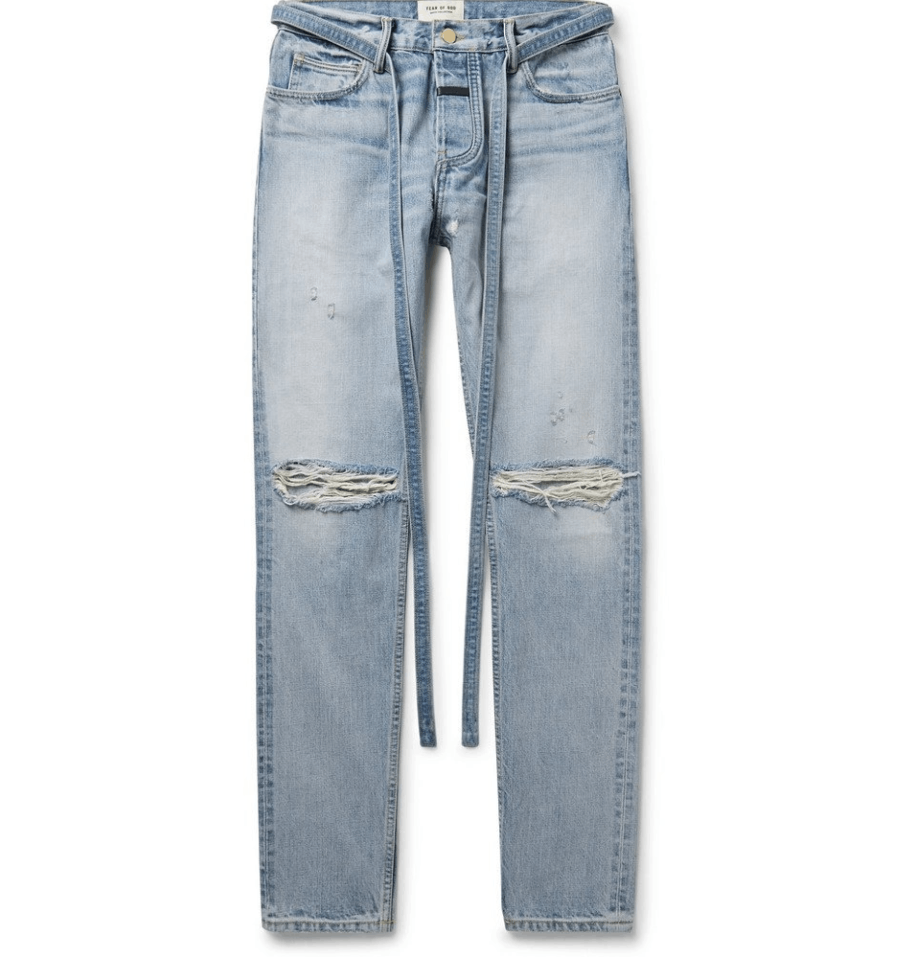 $895 Fear of God Slim Belted Distressed Selvedge Denim Jeans